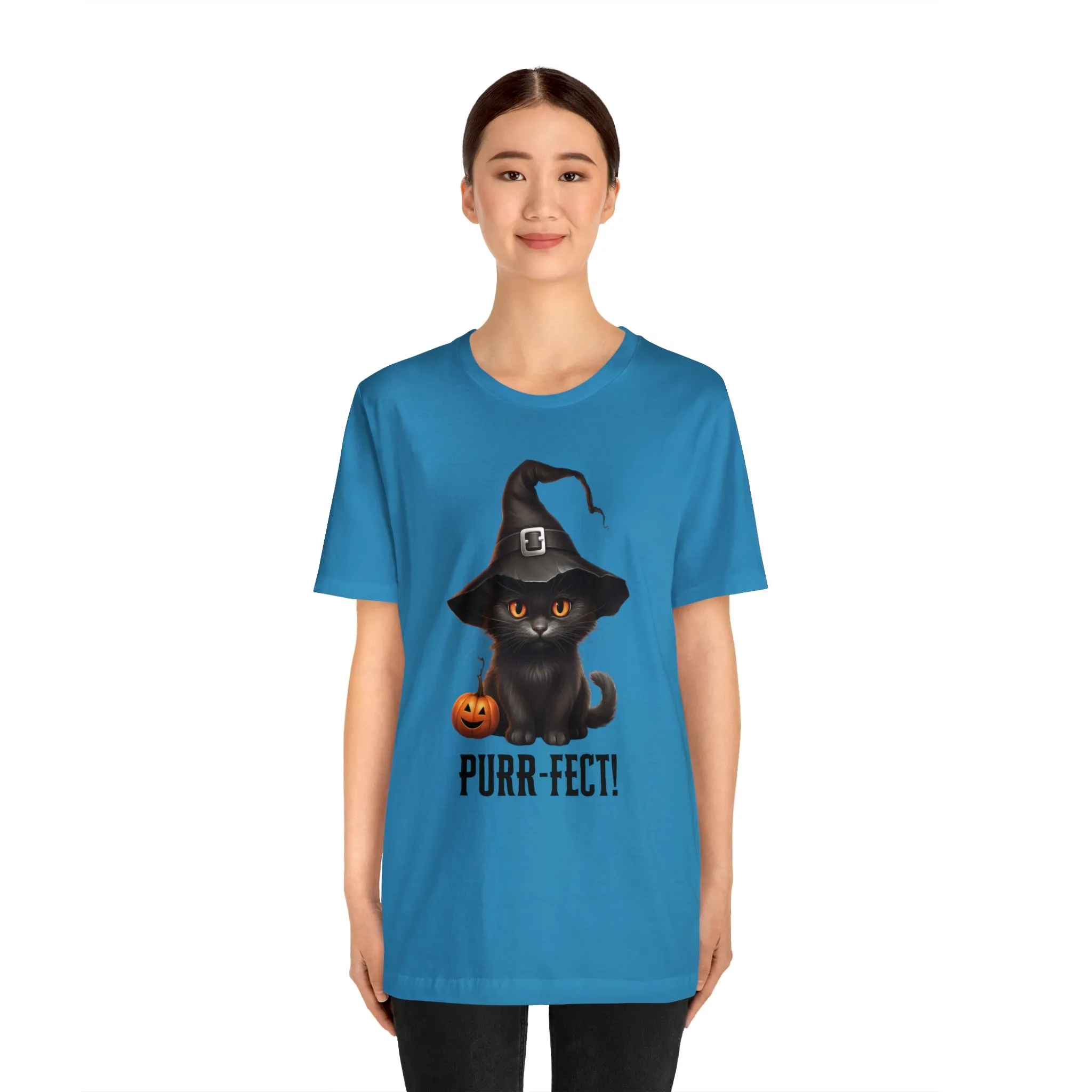Halloween Purr-Fect Black Cat T-Shirt | Cat with Witch's Hat Tee |  Bella Canvas 3001Unisex | Funny Short Sleeve Tshirt