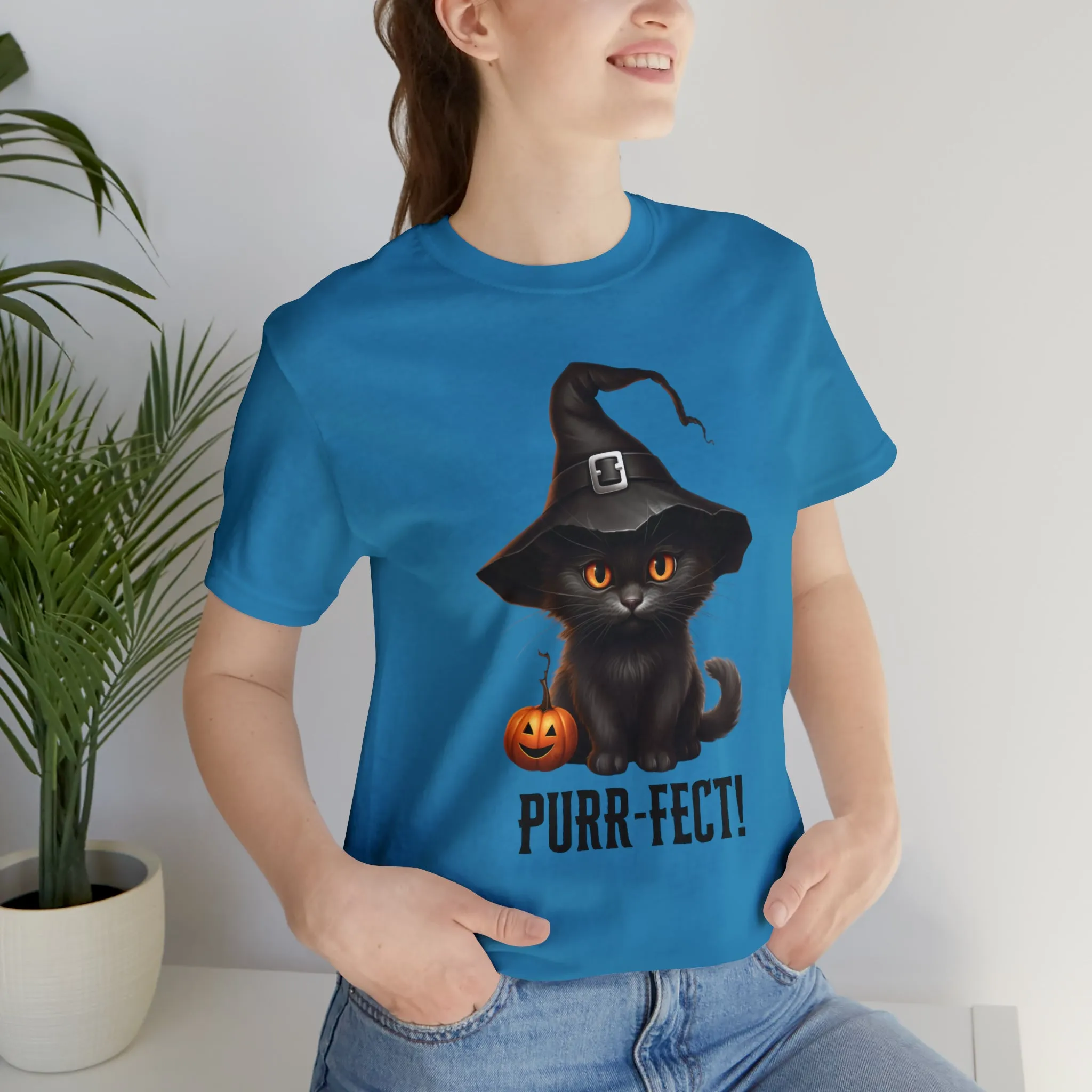 Halloween Purr-Fect Black Cat T-Shirt | Cat with Witch's Hat Tee |  Bella Canvas 3001Unisex | Funny Short Sleeve Tshirt