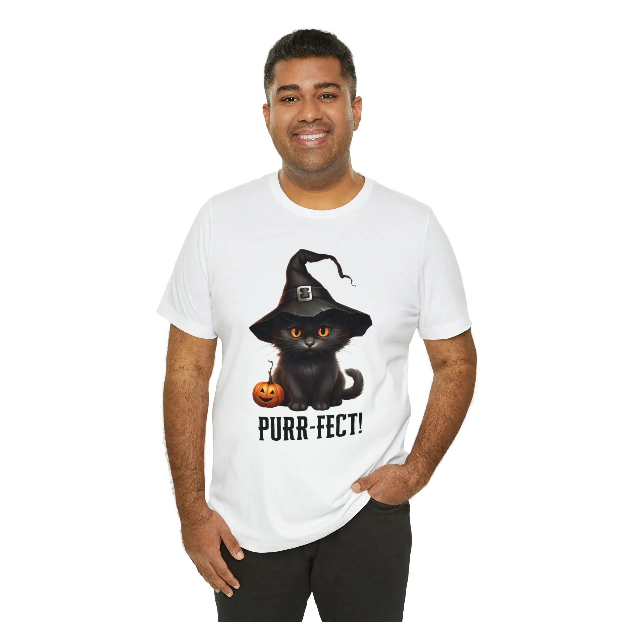 Halloween Purr-Fect Black Cat T-Shirt | Cat with Witch's Hat Tee |  Bella Canvas 3001Unisex | Funny Short Sleeve Tshirt