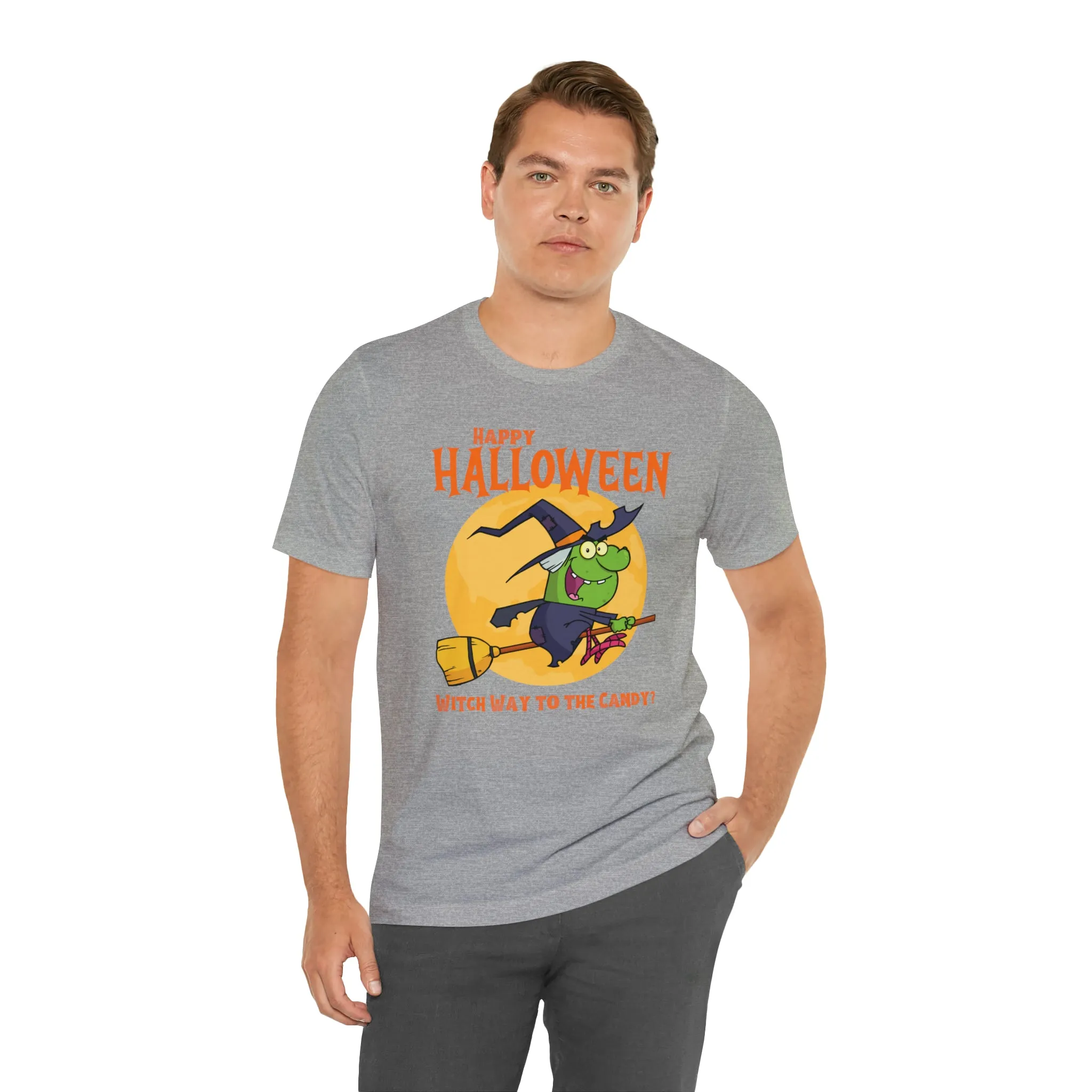 Happy Halloween Witch Way to the Candy T-Shirt | Flying Witch Front of the Moon Tee |  Bella Canvas 3001Unisex | Funny Short Sleeve Tshirt