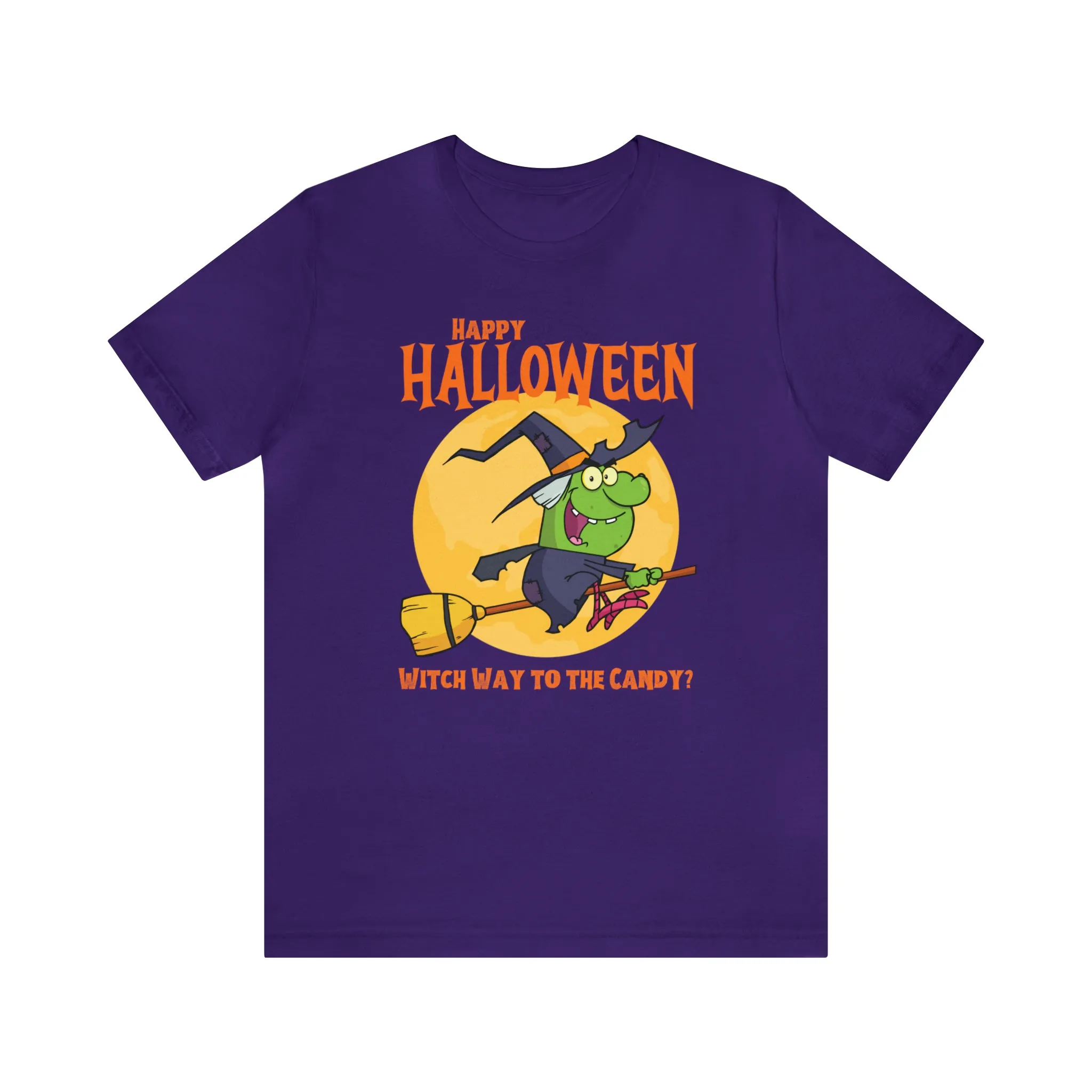 Happy Halloween Witch Way to the Candy T-Shirt | Flying Witch Front of the Moon Tee |  Bella Canvas 3001Unisex | Funny Short Sleeve Tshirt