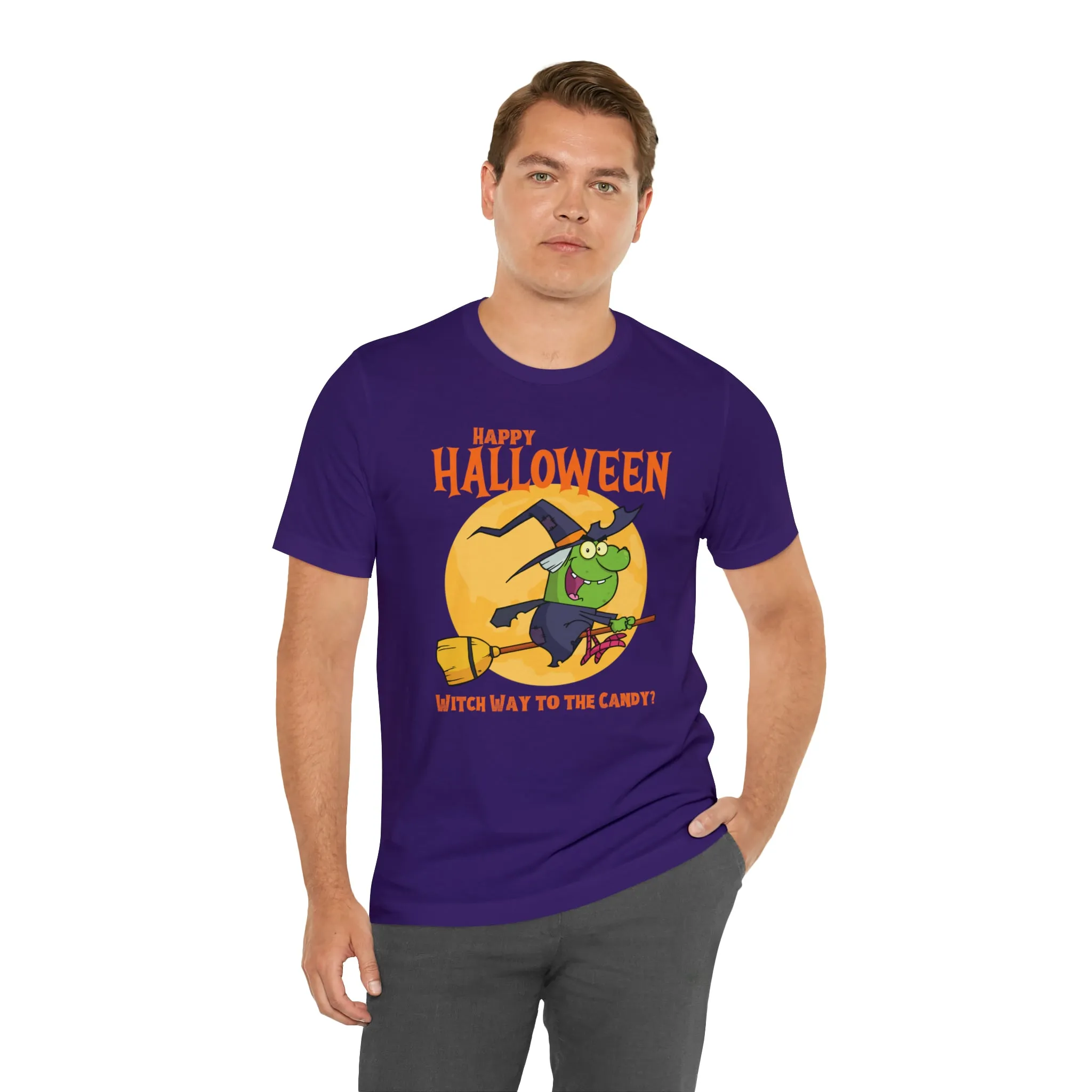 Happy Halloween Witch Way to the Candy T-Shirt | Flying Witch Front of the Moon Tee |  Bella Canvas 3001Unisex | Funny Short Sleeve Tshirt