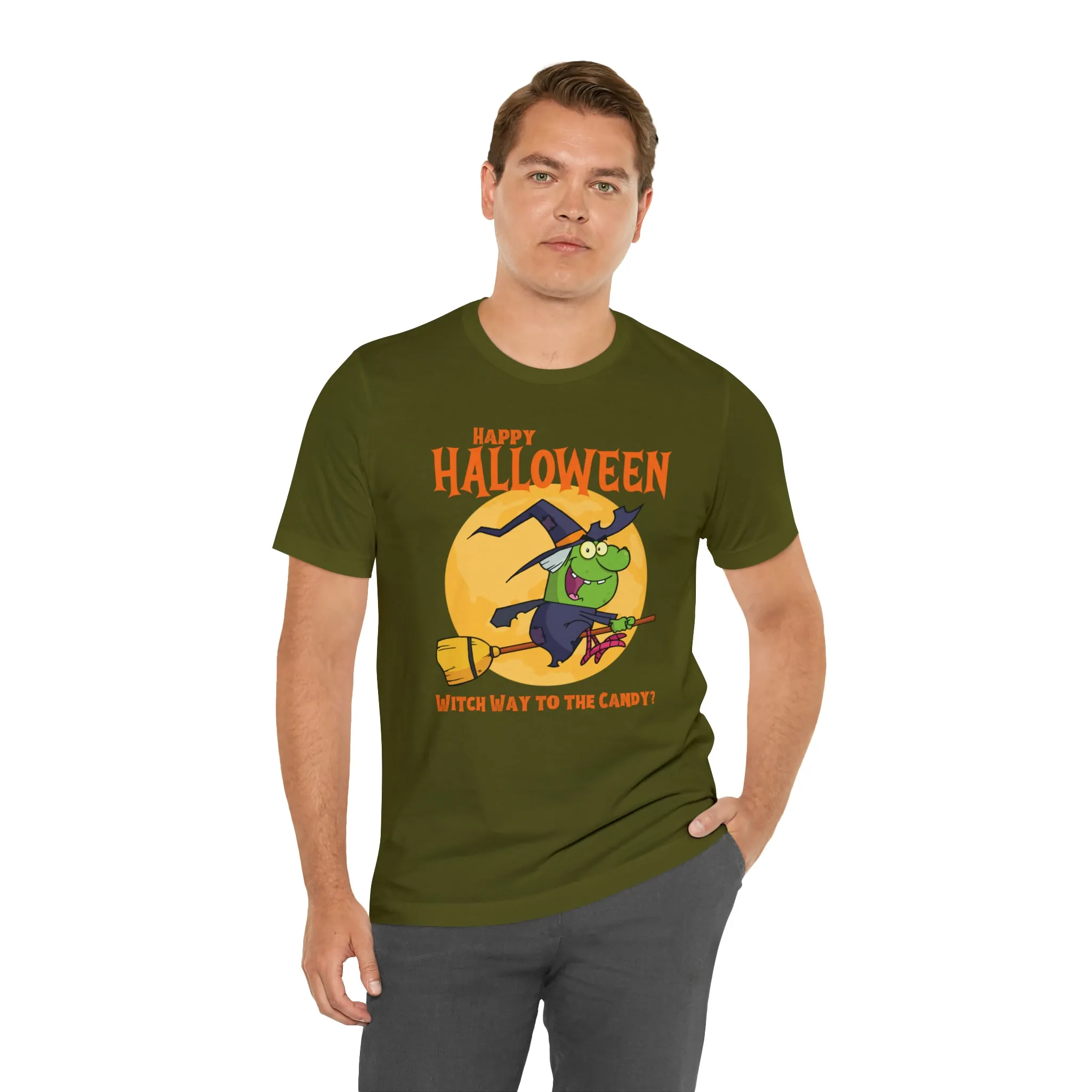 Happy Halloween Witch Way to the Candy T-Shirt | Flying Witch Front of the Moon Tee |  Bella Canvas 3001Unisex | Funny Short Sleeve Tshirt