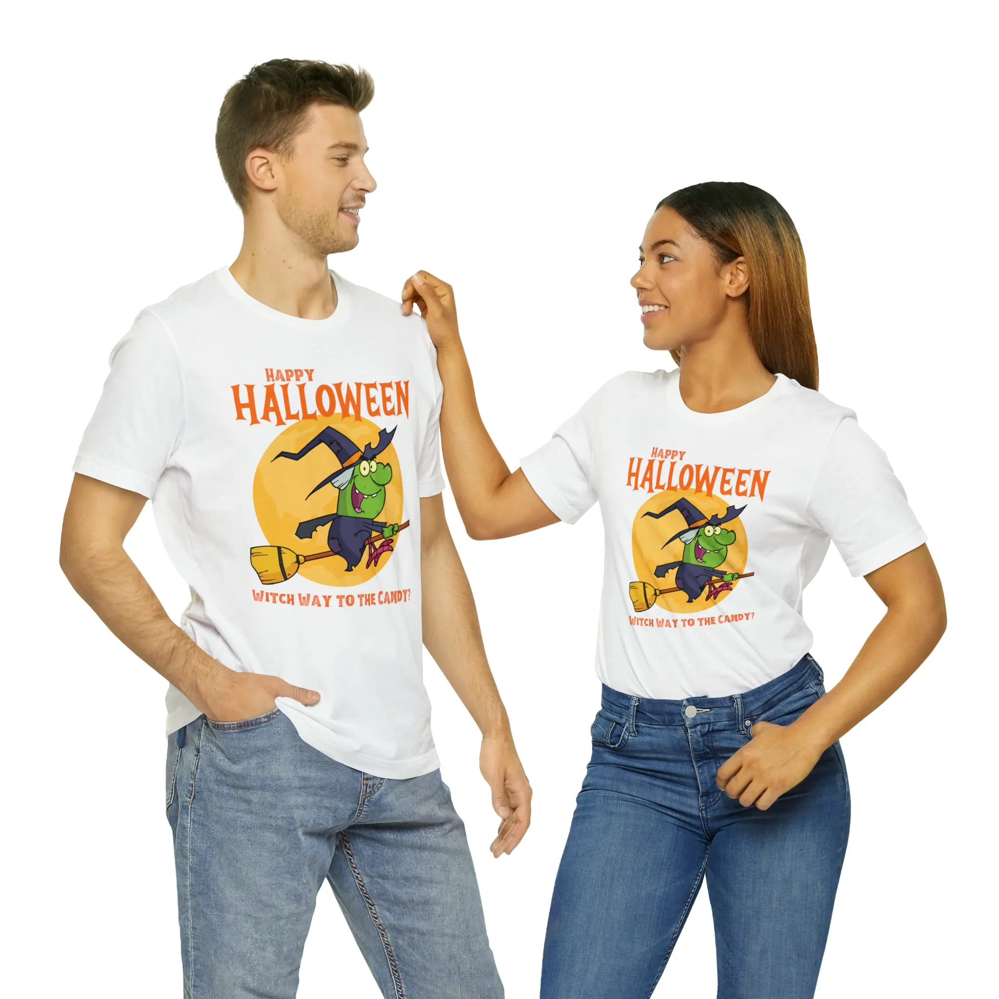 Happy Halloween Witch Way to the Candy T-Shirt | Flying Witch Front of the Moon Tee |  Bella Canvas 3001Unisex | Funny Short Sleeve Tshirt