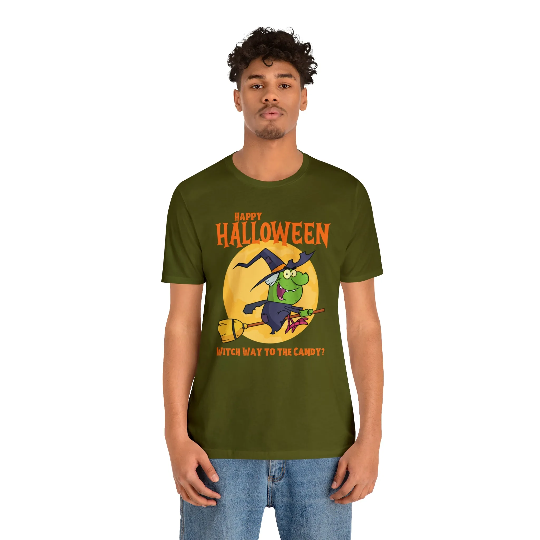 Happy Halloween Witch Way to the Candy T-Shirt | Flying Witch Front of the Moon Tee |  Bella Canvas 3001Unisex | Funny Short Sleeve Tshirt