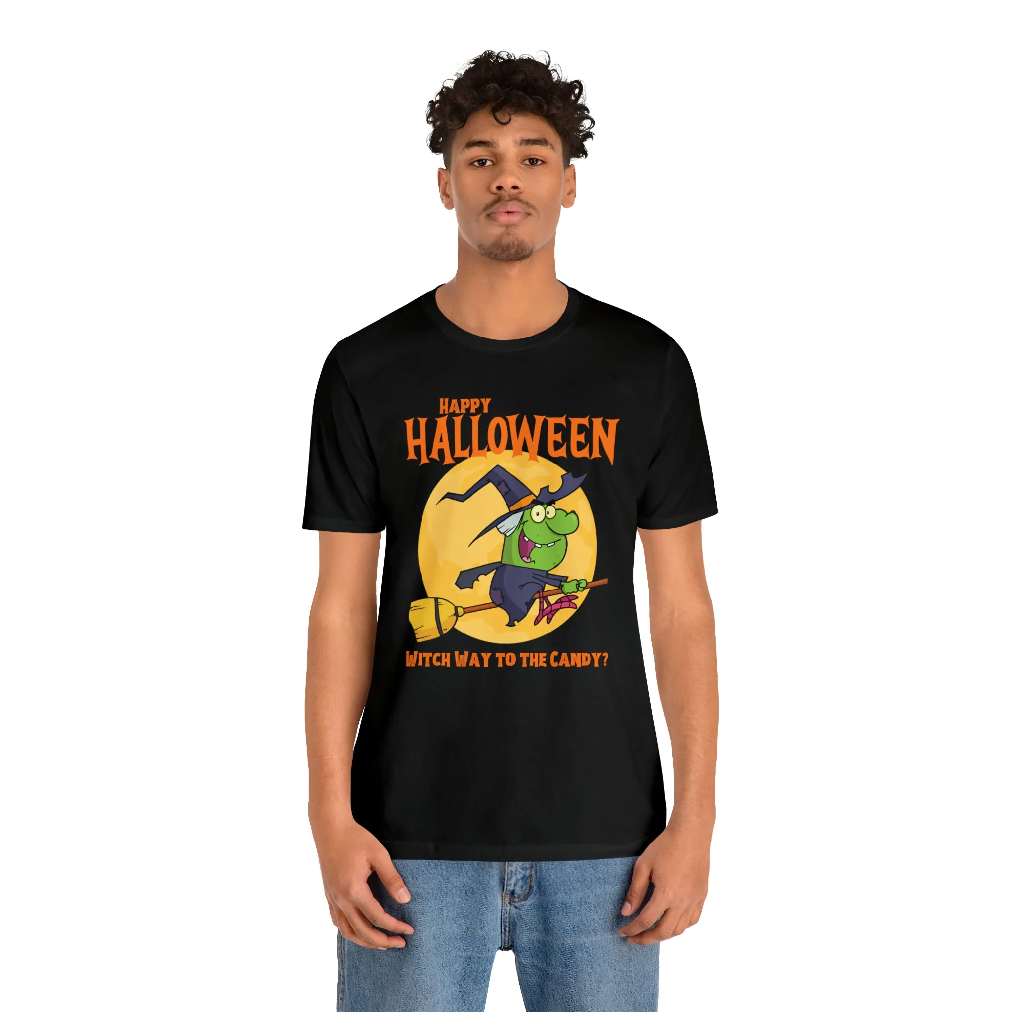 Happy Halloween Witch Way to the Candy T-Shirt | Flying Witch Front of the Moon Tee |  Bella Canvas 3001Unisex | Funny Short Sleeve Tshirt