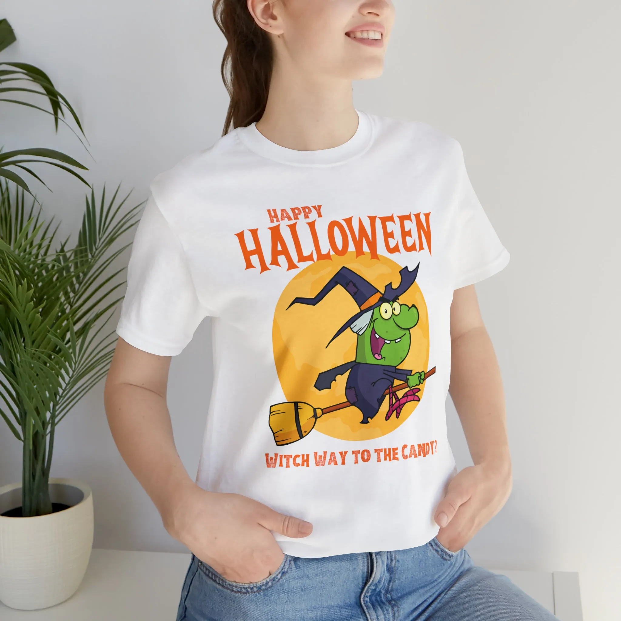 Happy Halloween Witch Way to the Candy T-Shirt | Flying Witch Front of the Moon Tee |  Bella Canvas 3001Unisex | Funny Short Sleeve Tshirt
