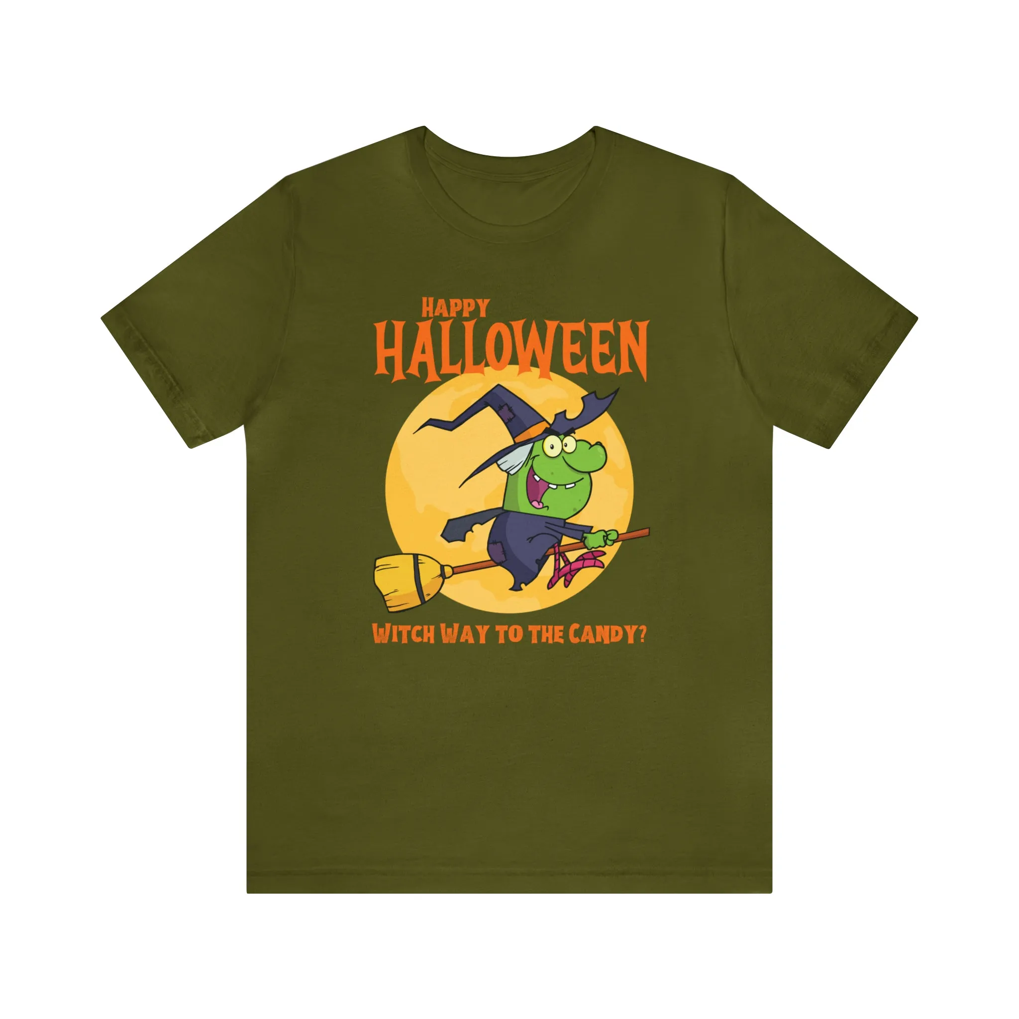 Happy Halloween Witch Way to the Candy T-Shirt | Flying Witch Front of the Moon Tee |  Bella Canvas 3001Unisex | Funny Short Sleeve Tshirt