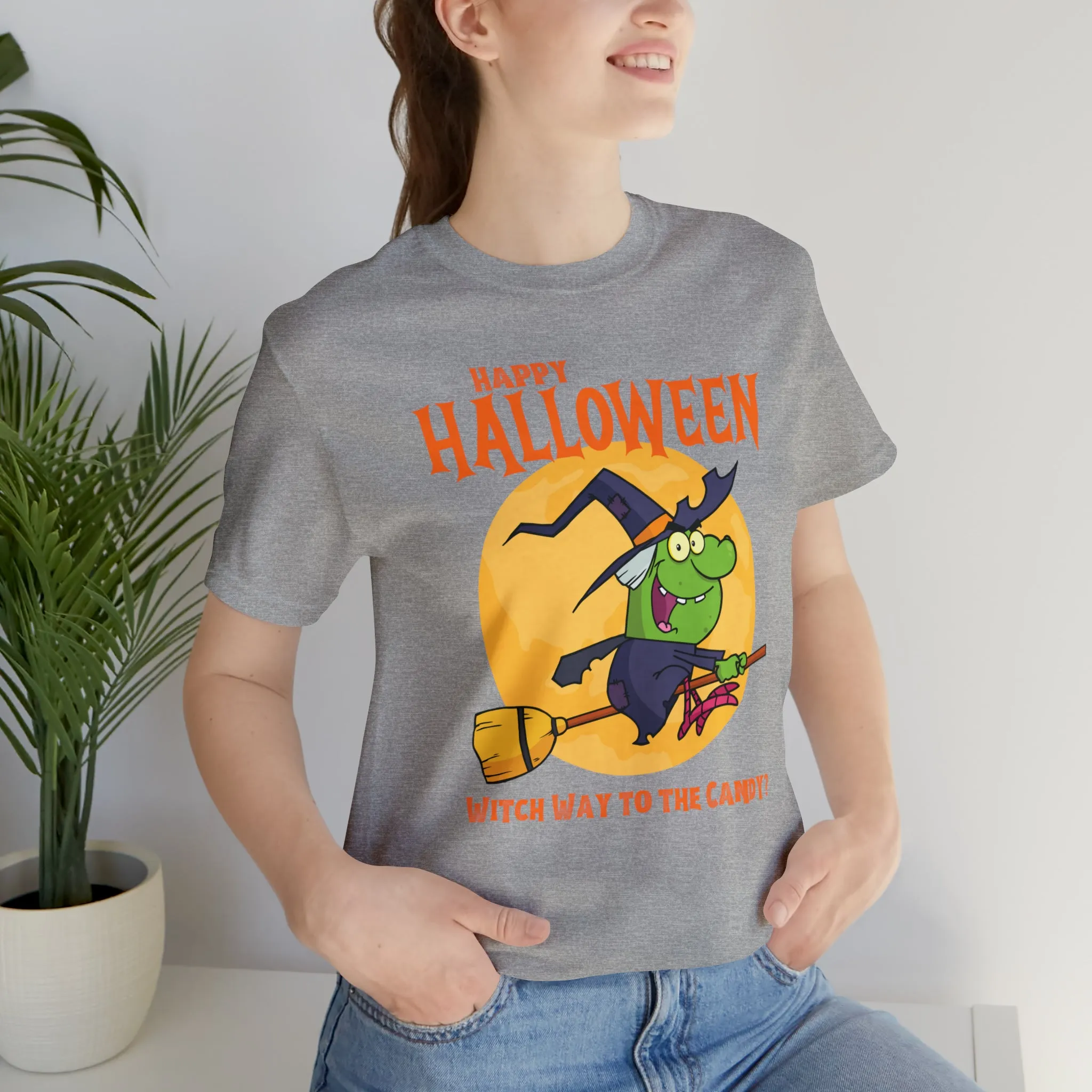 Happy Halloween Witch Way to the Candy T-Shirt | Flying Witch Front of the Moon Tee |  Bella Canvas 3001Unisex | Funny Short Sleeve Tshirt