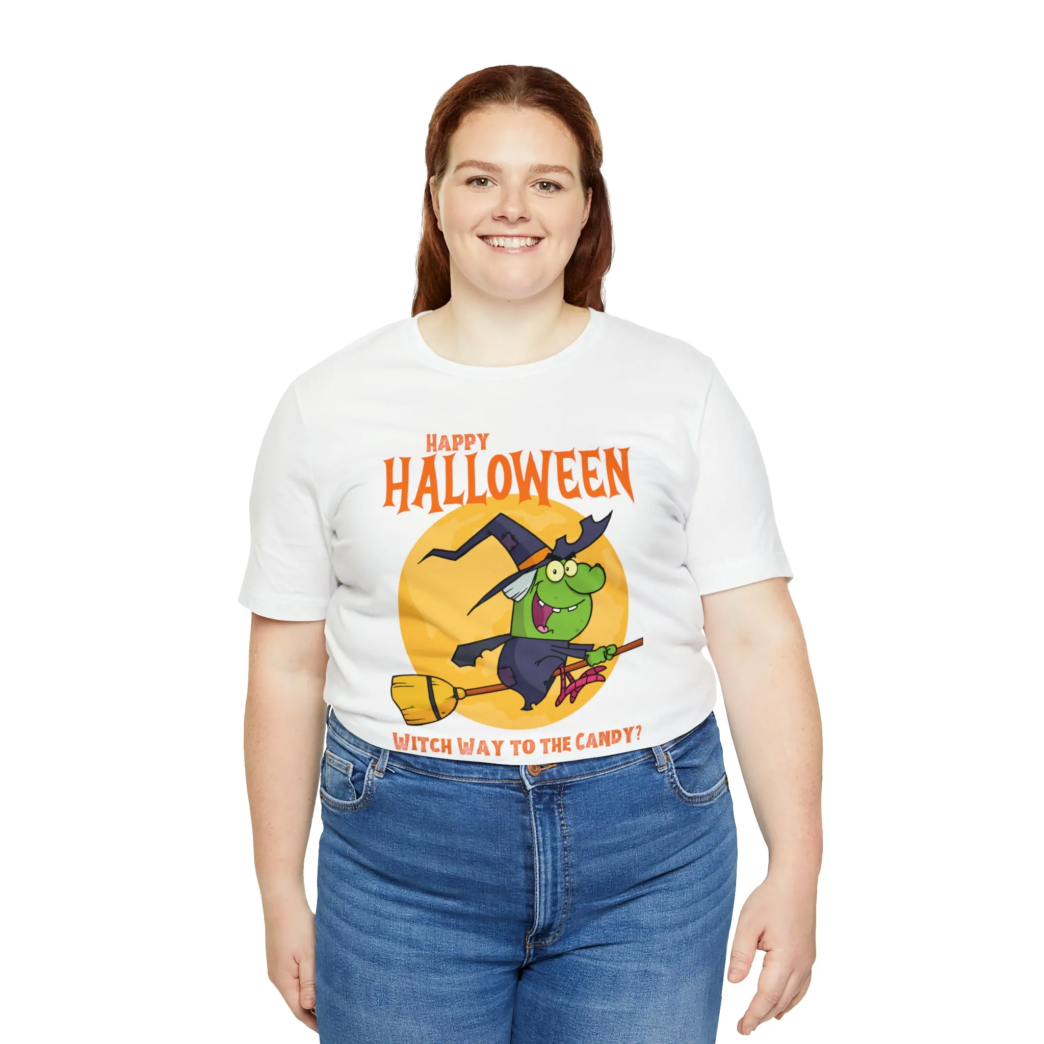 Happy Halloween Witch Way to the Candy T-Shirt | Flying Witch Front of the Moon Tee |  Bella Canvas 3001Unisex | Funny Short Sleeve Tshirt