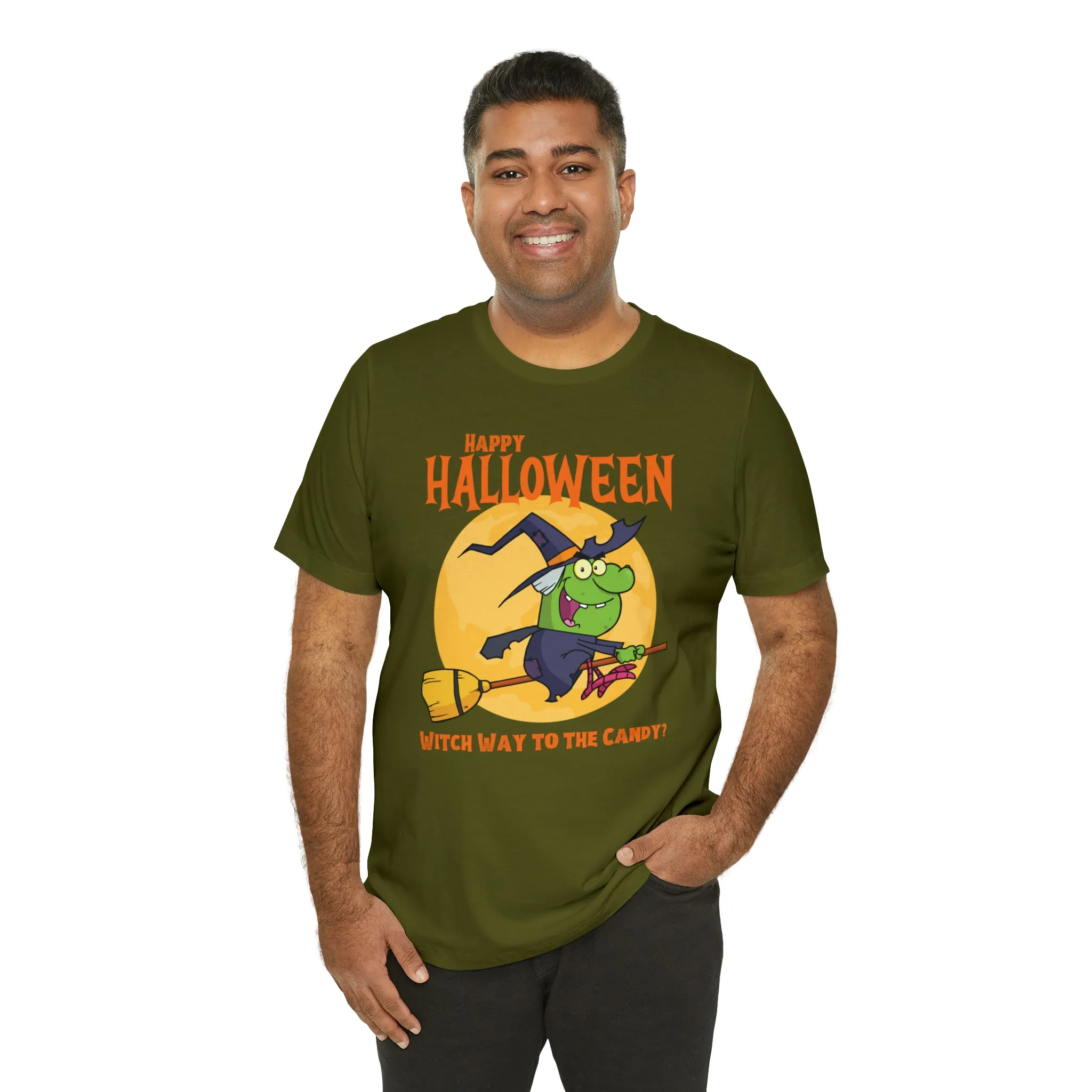 Happy Halloween Witch Way to the Candy T-Shirt | Flying Witch Front of the Moon Tee |  Bella Canvas 3001Unisex | Funny Short Sleeve Tshirt
