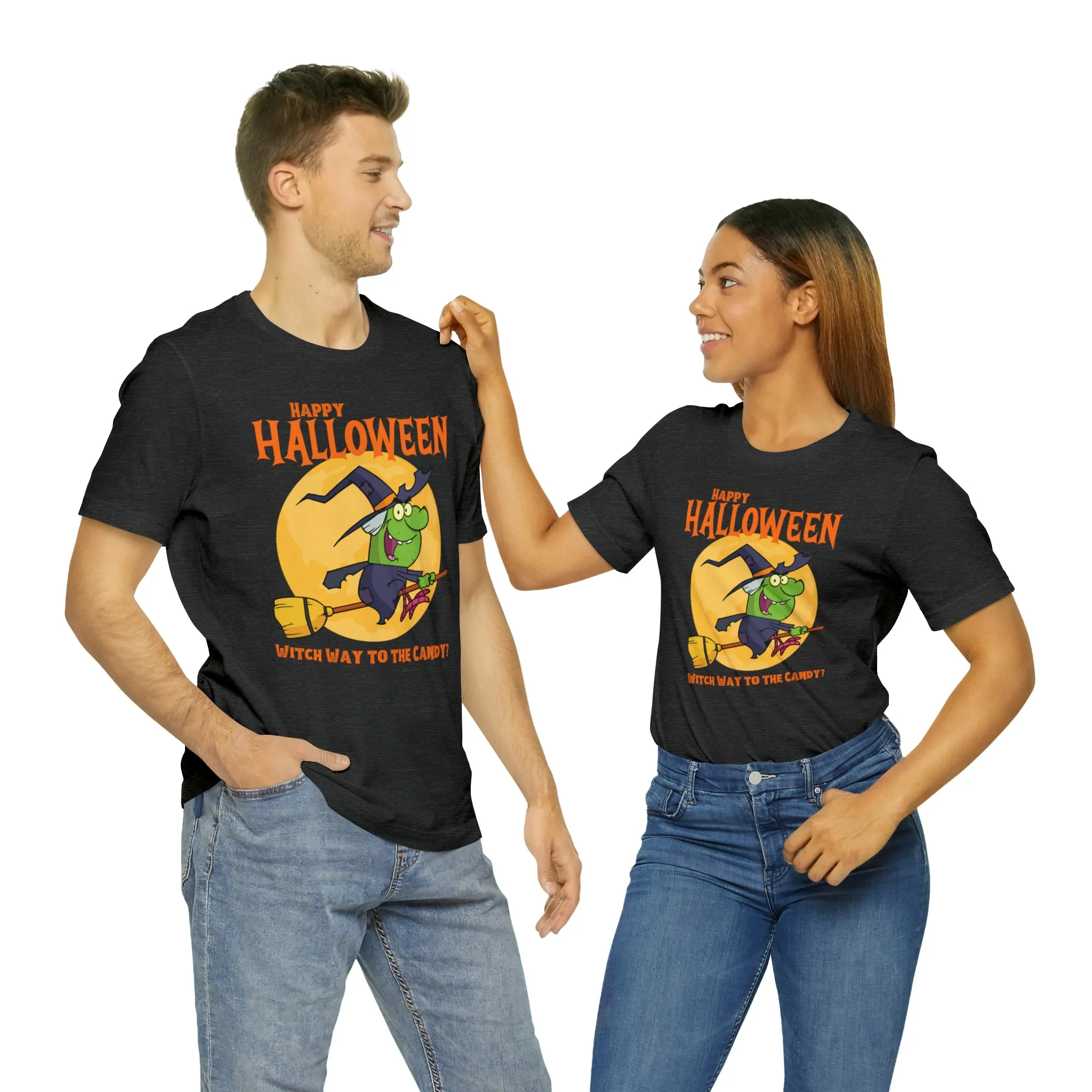 Happy Halloween Witch Way to the Candy T-Shirt | Flying Witch Front of the Moon Tee |  Bella Canvas 3001Unisex | Funny Short Sleeve Tshirt
