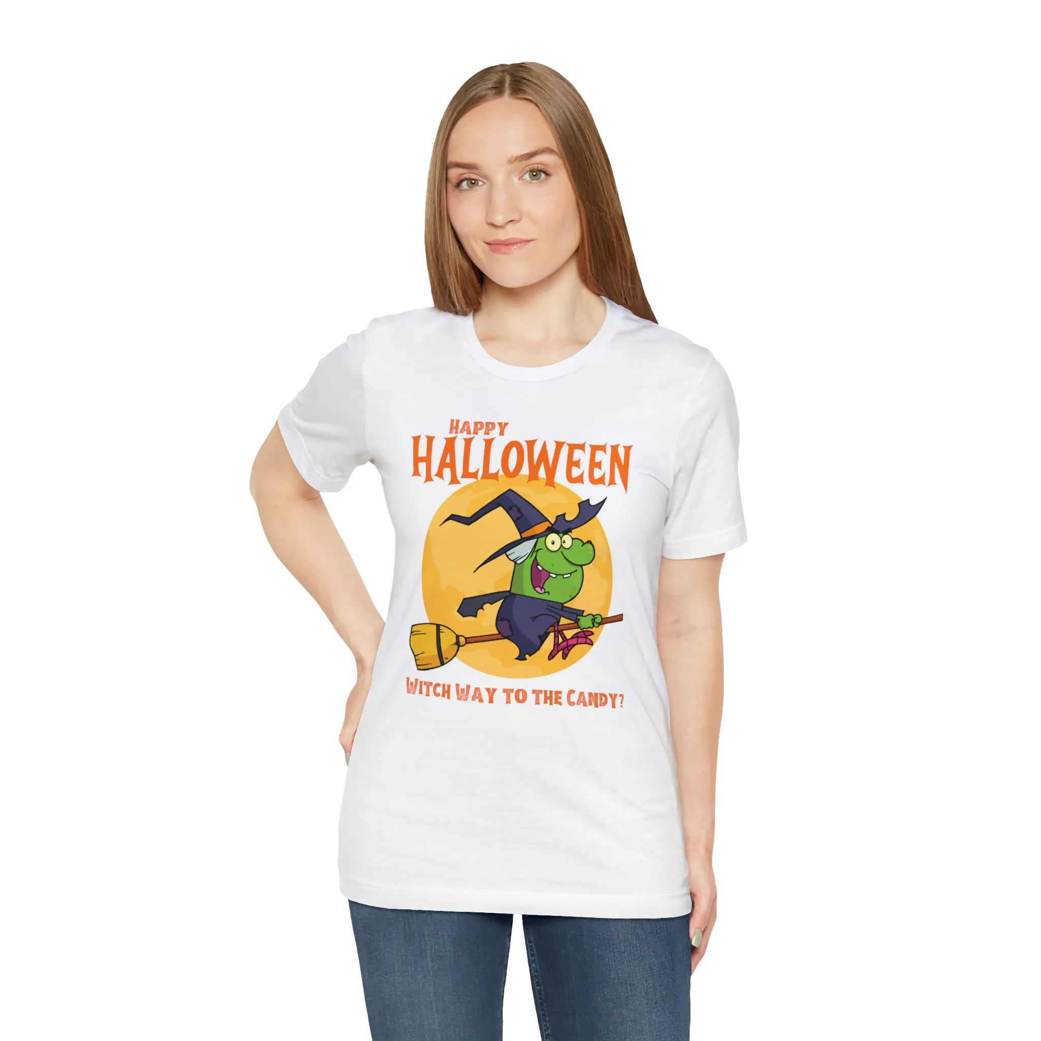 Happy Halloween Witch Way to the Candy T-Shirt | Flying Witch Front of the Moon Tee |  Bella Canvas 3001Unisex | Funny Short Sleeve Tshirt