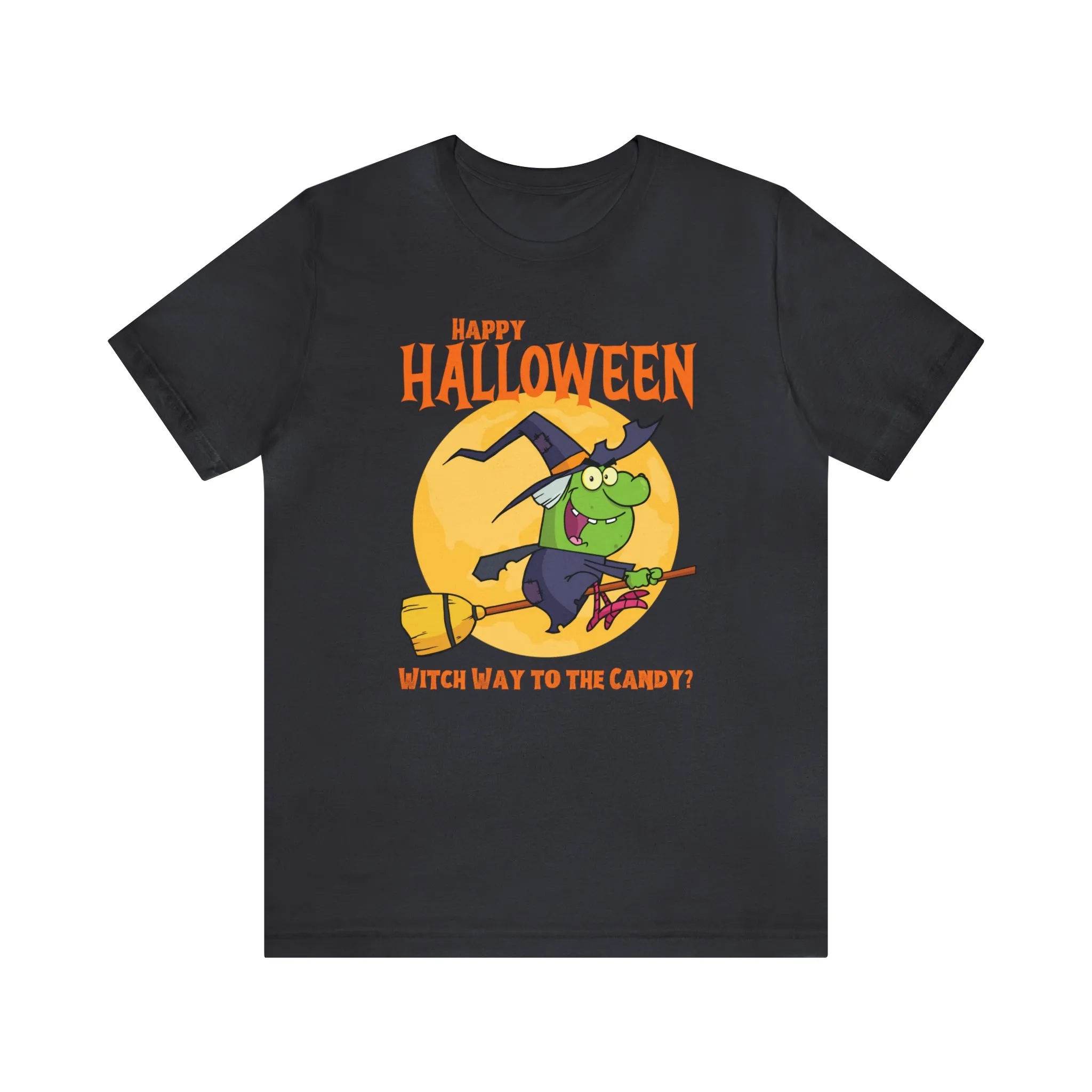 Happy Halloween Witch Way to the Candy T-Shirt | Flying Witch Front of the Moon Tee |  Bella Canvas 3001Unisex | Funny Short Sleeve Tshirt