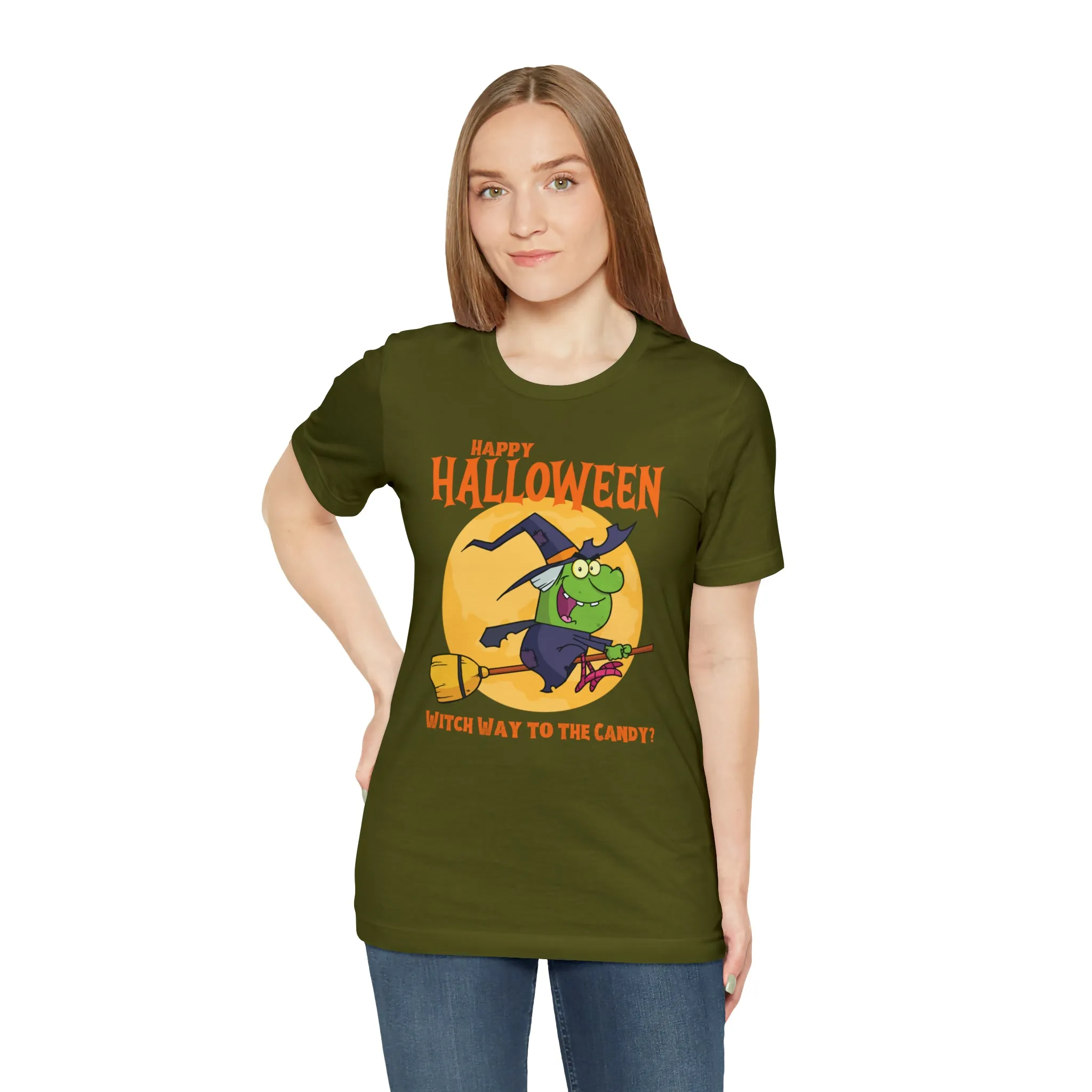 Happy Halloween Witch Way to the Candy T-Shirt | Flying Witch Front of the Moon Tee |  Bella Canvas 3001Unisex | Funny Short Sleeve Tshirt