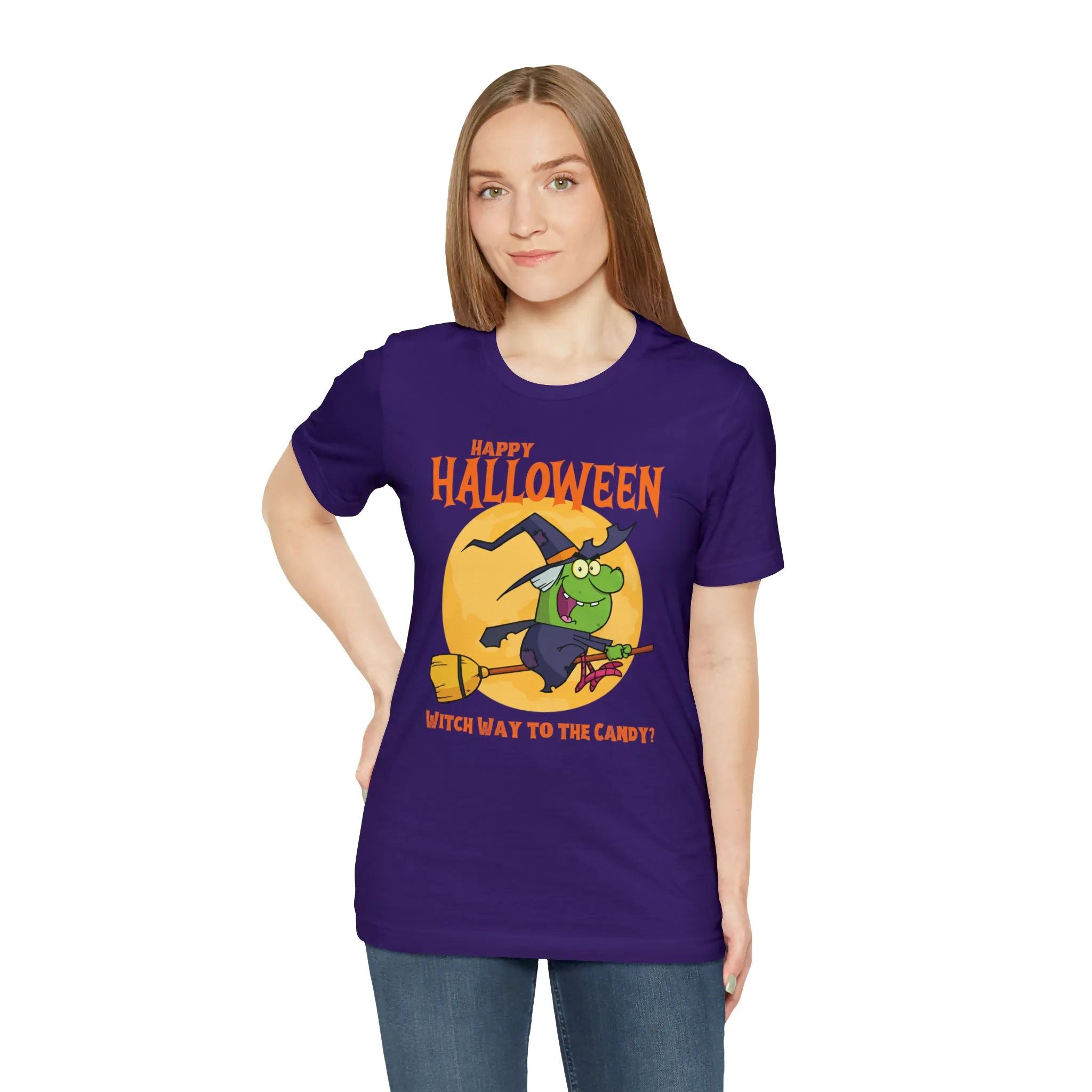 Happy Halloween Witch Way to the Candy T-Shirt | Flying Witch Front of the Moon Tee |  Bella Canvas 3001Unisex | Funny Short Sleeve Tshirt