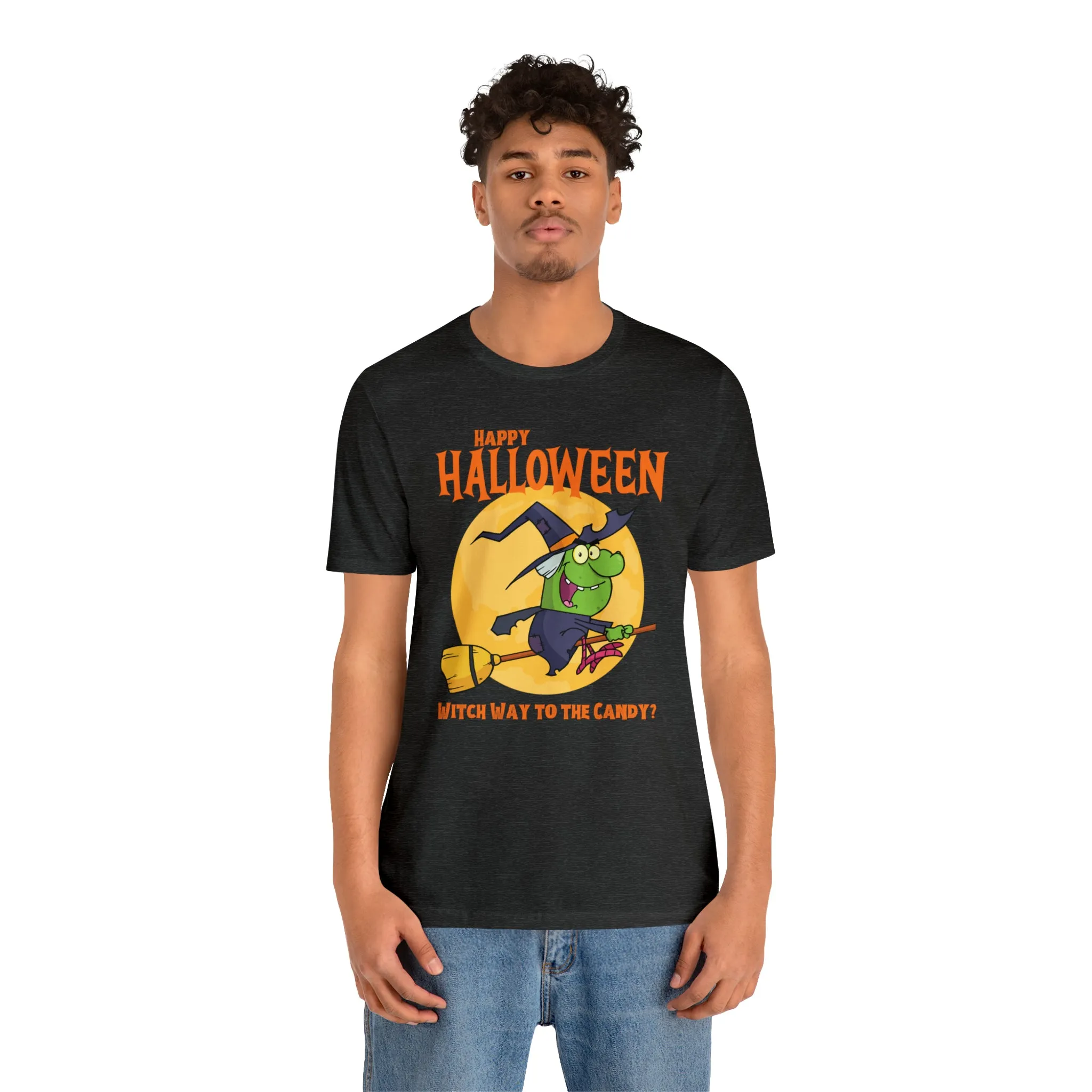 Happy Halloween Witch Way to the Candy T-Shirt | Flying Witch Front of the Moon Tee |  Bella Canvas 3001Unisex | Funny Short Sleeve Tshirt