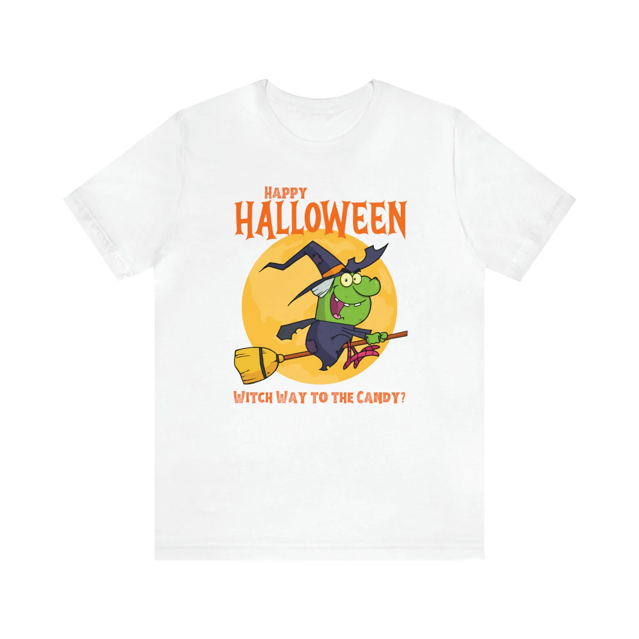 Happy Halloween Witch Way to the Candy T-Shirt | Flying Witch Front of the Moon Tee |  Bella Canvas 3001Unisex | Funny Short Sleeve Tshirt