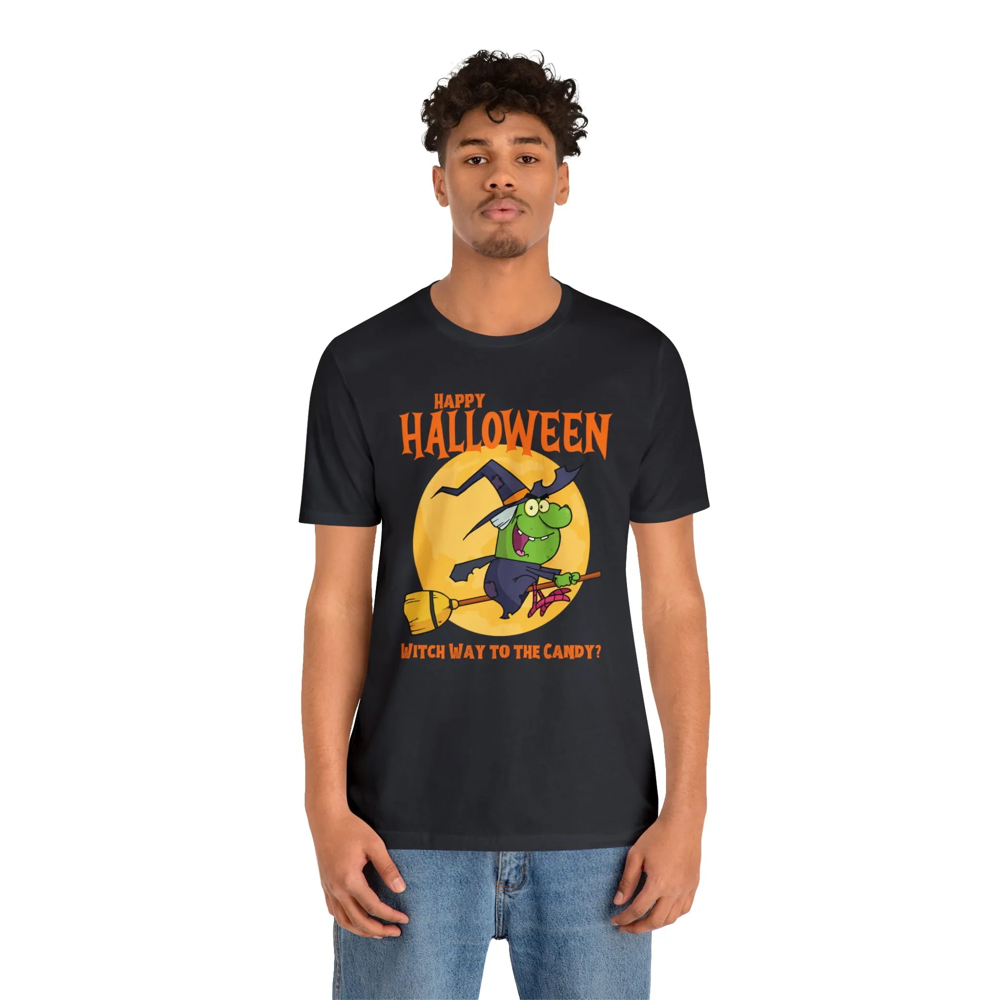 Happy Halloween Witch Way to the Candy T-Shirt | Flying Witch Front of the Moon Tee |  Bella Canvas 3001Unisex | Funny Short Sleeve Tshirt