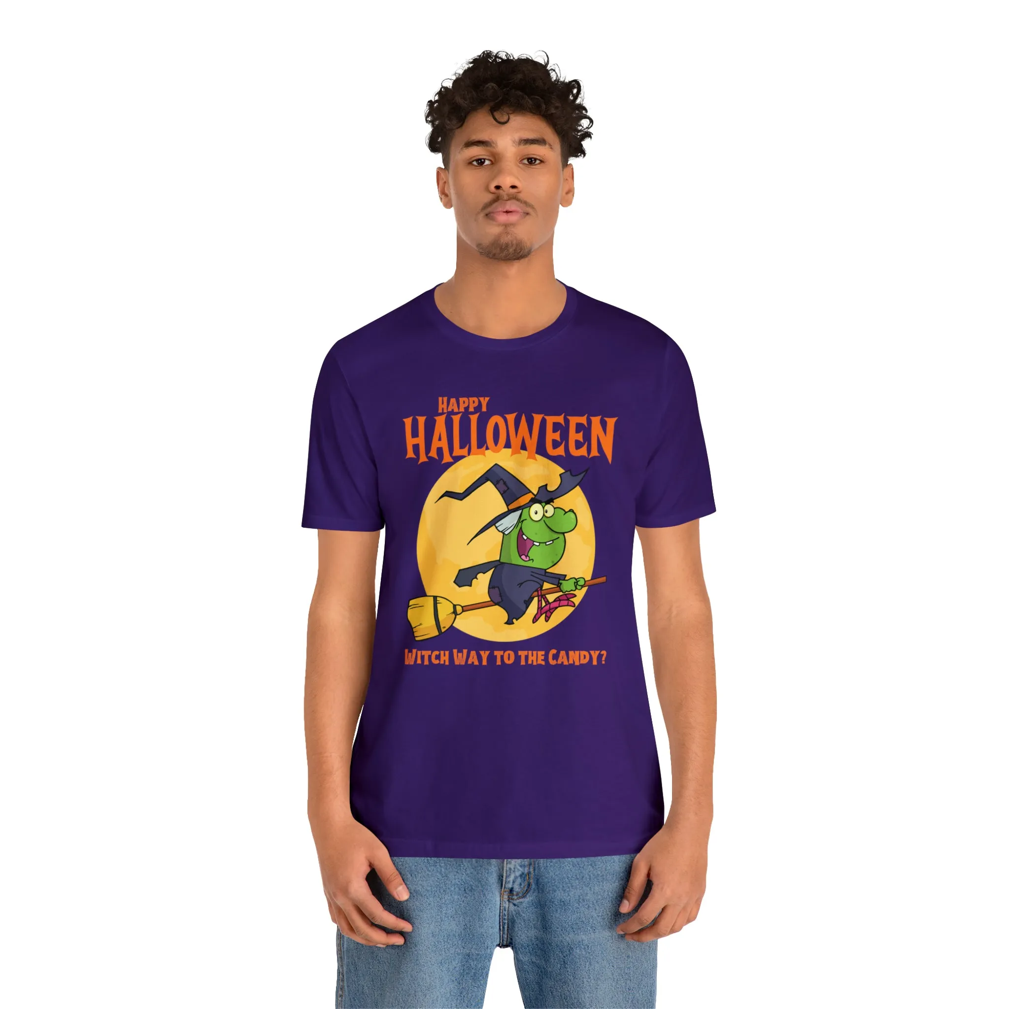 Happy Halloween Witch Way to the Candy T-Shirt | Flying Witch Front of the Moon Tee |  Bella Canvas 3001Unisex | Funny Short Sleeve Tshirt