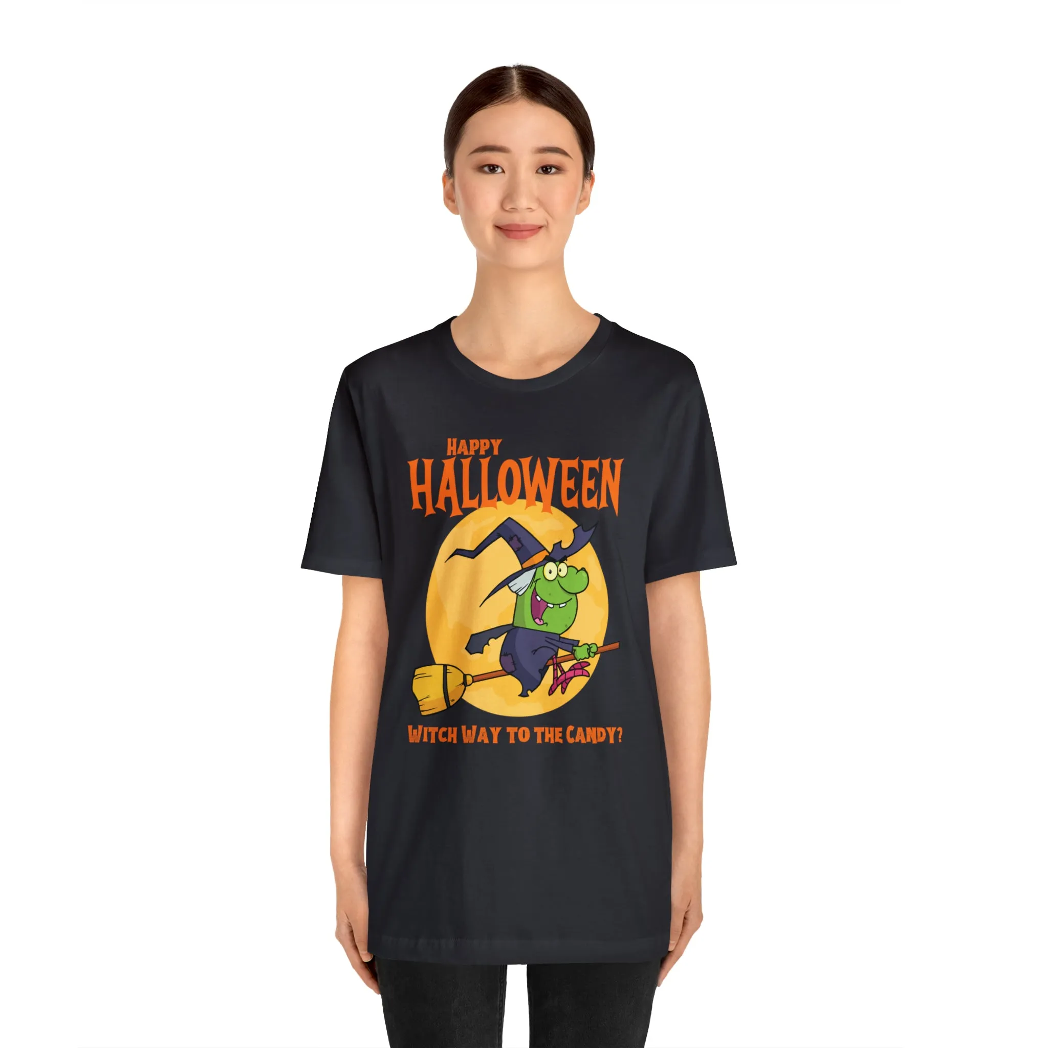 Happy Halloween Witch Way to the Candy T-Shirt | Flying Witch Front of the Moon Tee |  Bella Canvas 3001Unisex | Funny Short Sleeve Tshirt