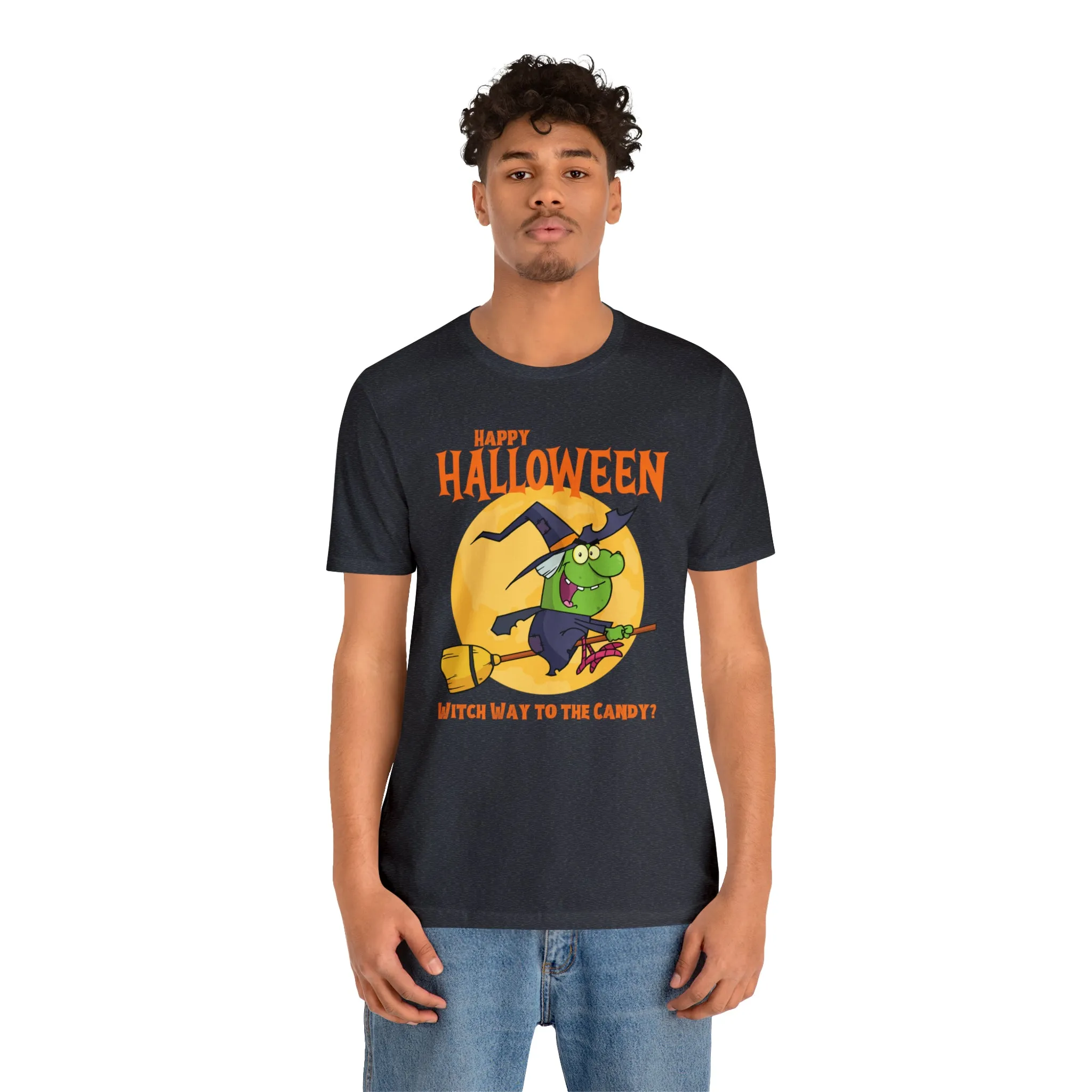 Happy Halloween Witch Way to the Candy T-Shirt | Flying Witch Front of the Moon Tee |  Bella Canvas 3001Unisex | Funny Short Sleeve Tshirt