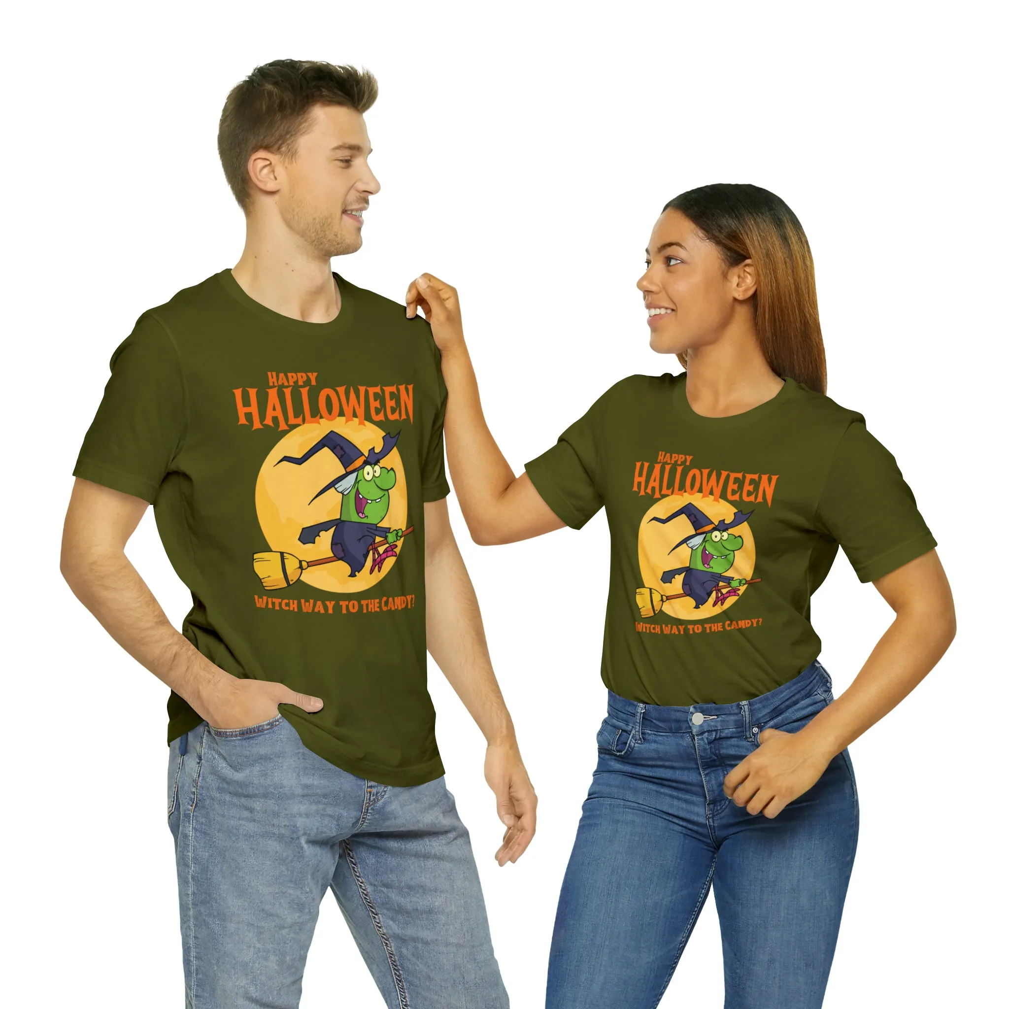 Happy Halloween Witch Way to the Candy T-Shirt | Flying Witch Front of the Moon Tee |  Bella Canvas 3001Unisex | Funny Short Sleeve Tshirt