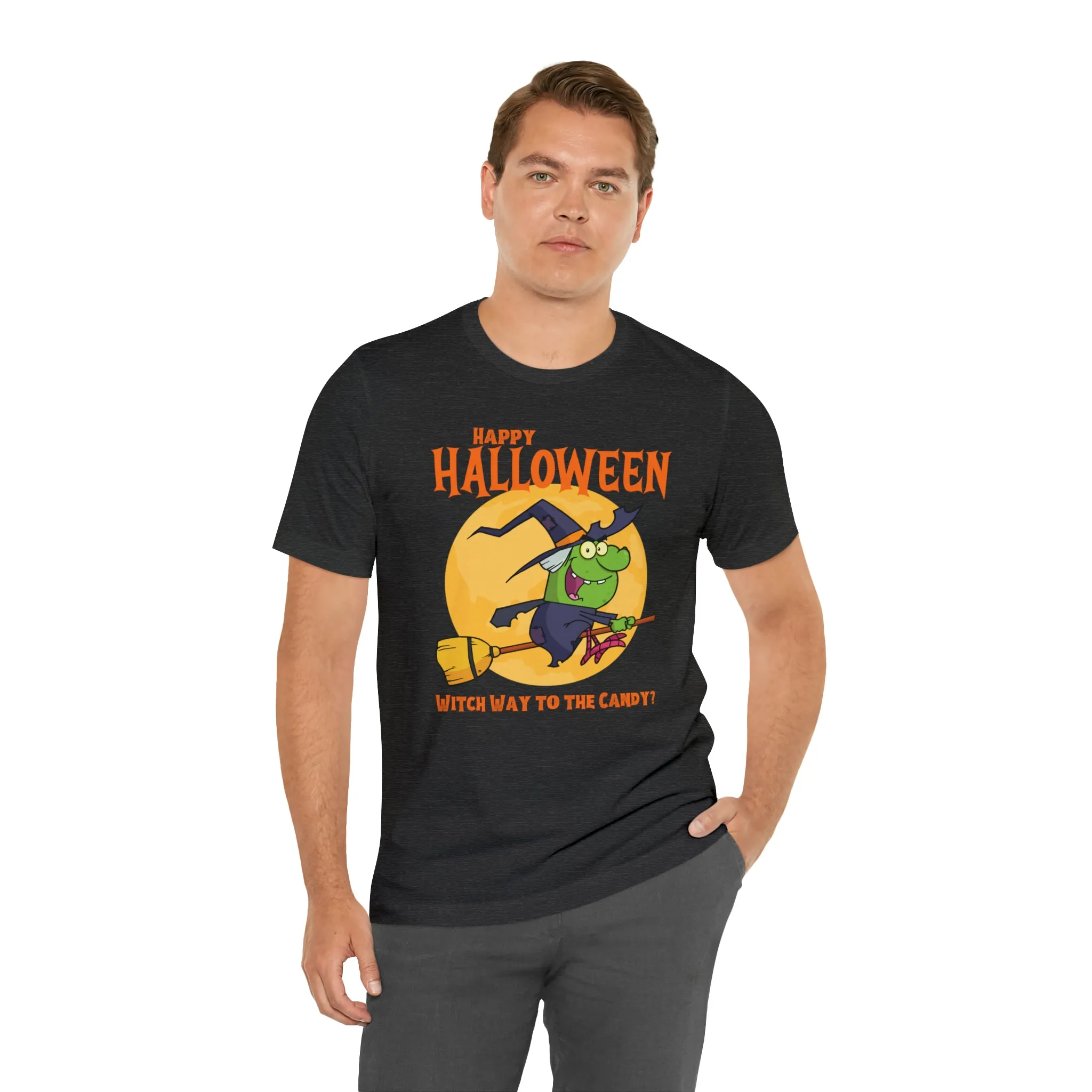 Happy Halloween Witch Way to the Candy T-Shirt | Flying Witch Front of the Moon Tee |  Bella Canvas 3001Unisex | Funny Short Sleeve Tshirt