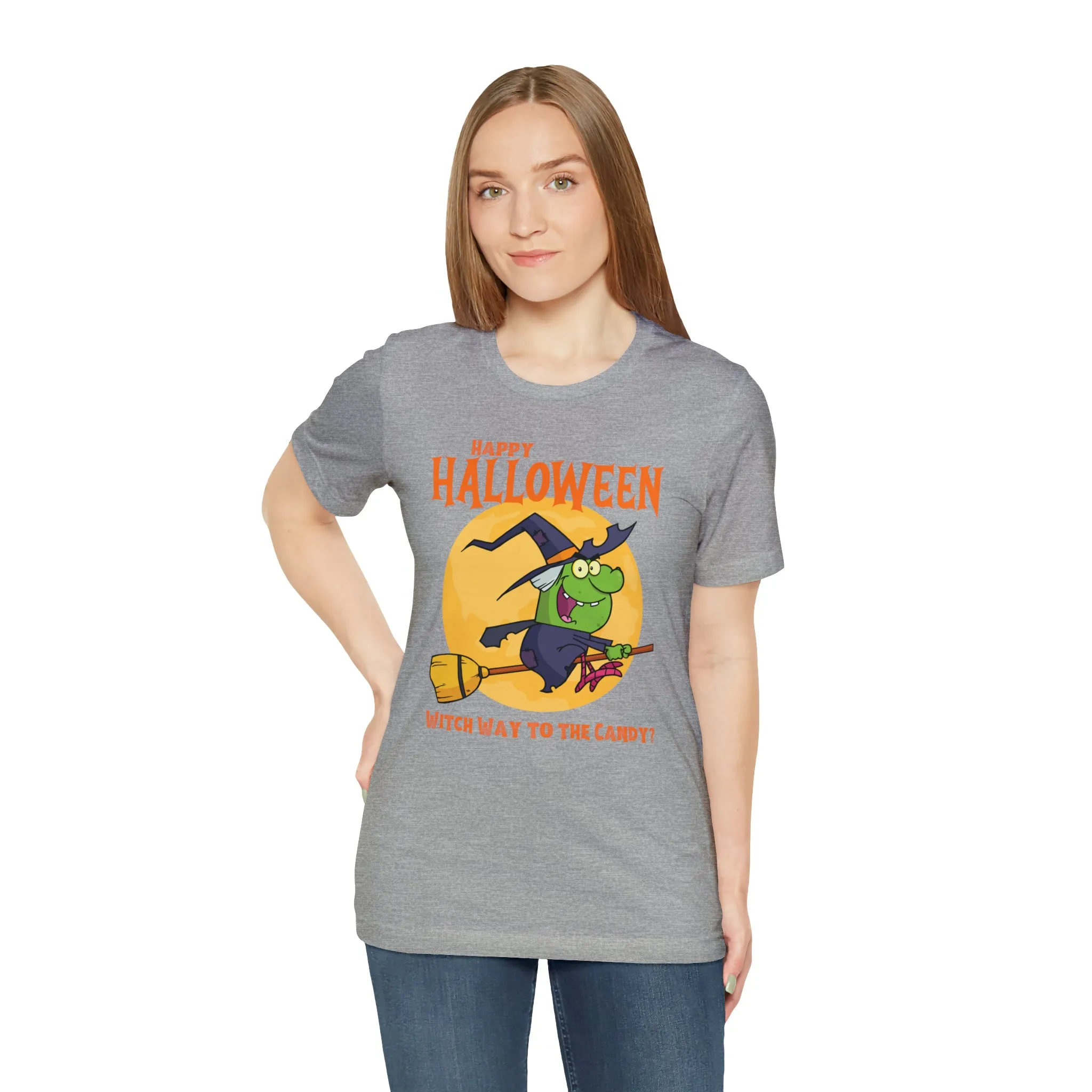 Happy Halloween Witch Way to the Candy T-Shirt | Flying Witch Front of the Moon Tee |  Bella Canvas 3001Unisex | Funny Short Sleeve Tshirt