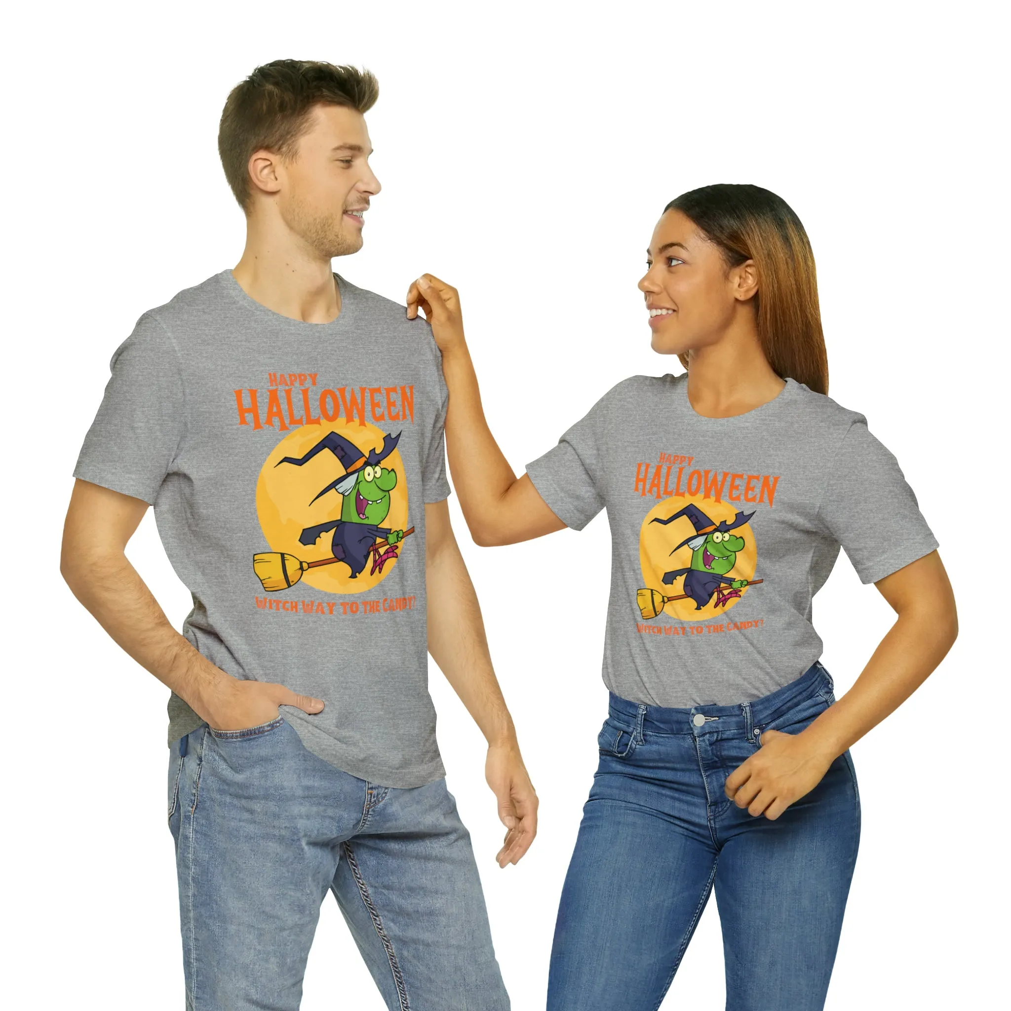 Happy Halloween Witch Way to the Candy T-Shirt | Flying Witch Front of the Moon Tee |  Bella Canvas 3001Unisex | Funny Short Sleeve Tshirt