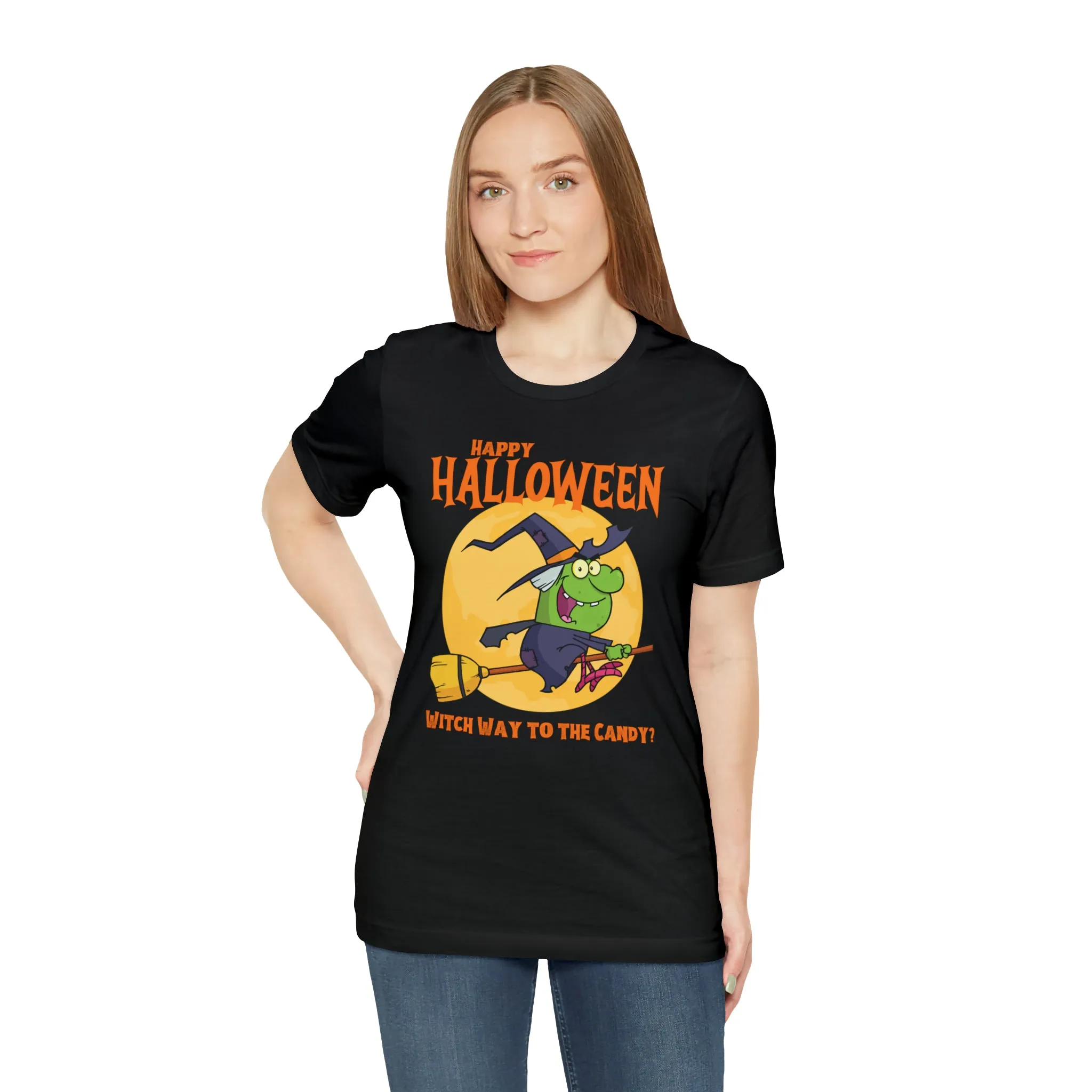 Happy Halloween Witch Way to the Candy T-Shirt | Flying Witch Front of the Moon Tee |  Bella Canvas 3001Unisex | Funny Short Sleeve Tshirt