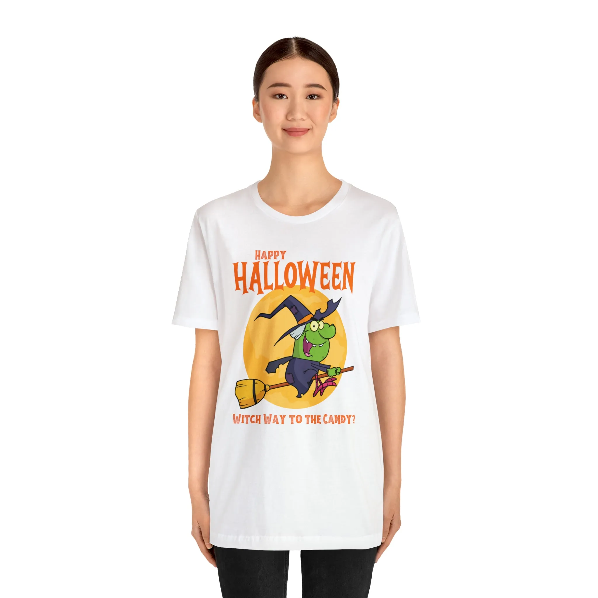 Happy Halloween Witch Way to the Candy T-Shirt | Flying Witch Front of the Moon Tee |  Bella Canvas 3001Unisex | Funny Short Sleeve Tshirt