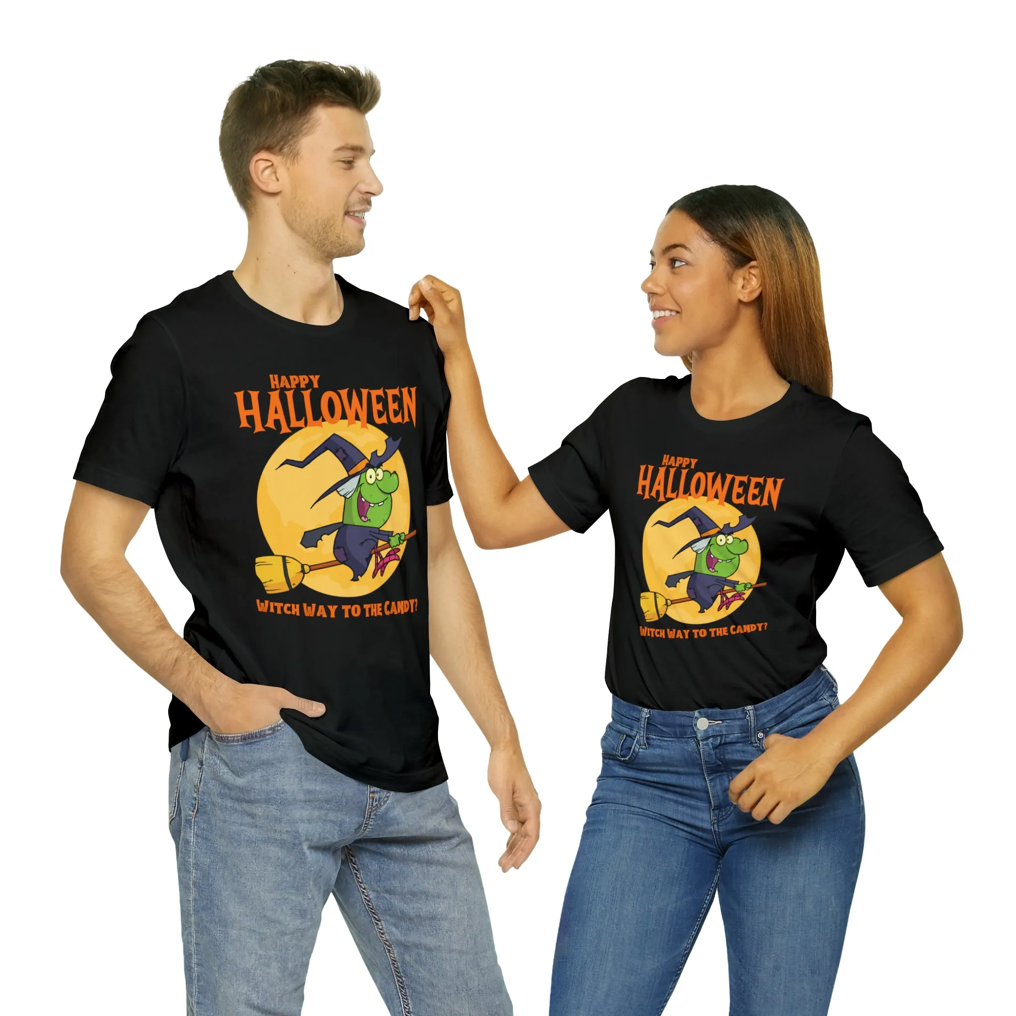Happy Halloween Witch Way to the Candy T-Shirt | Flying Witch Front of the Moon Tee |  Bella Canvas 3001Unisex | Funny Short Sleeve Tshirt