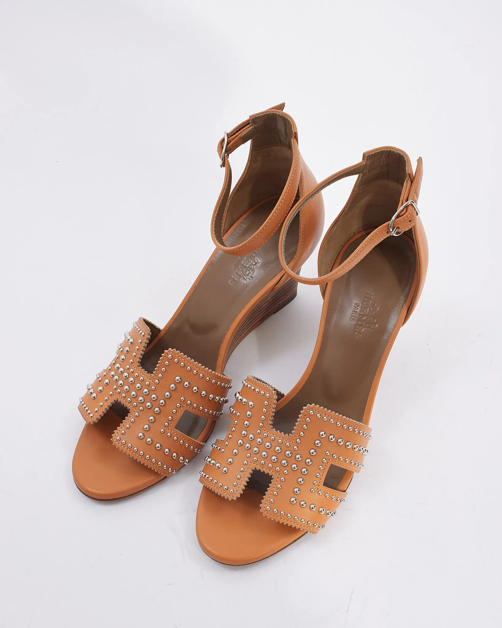 Hermès Natural Leather Studded H Legend Wedge Sandals - 36.5