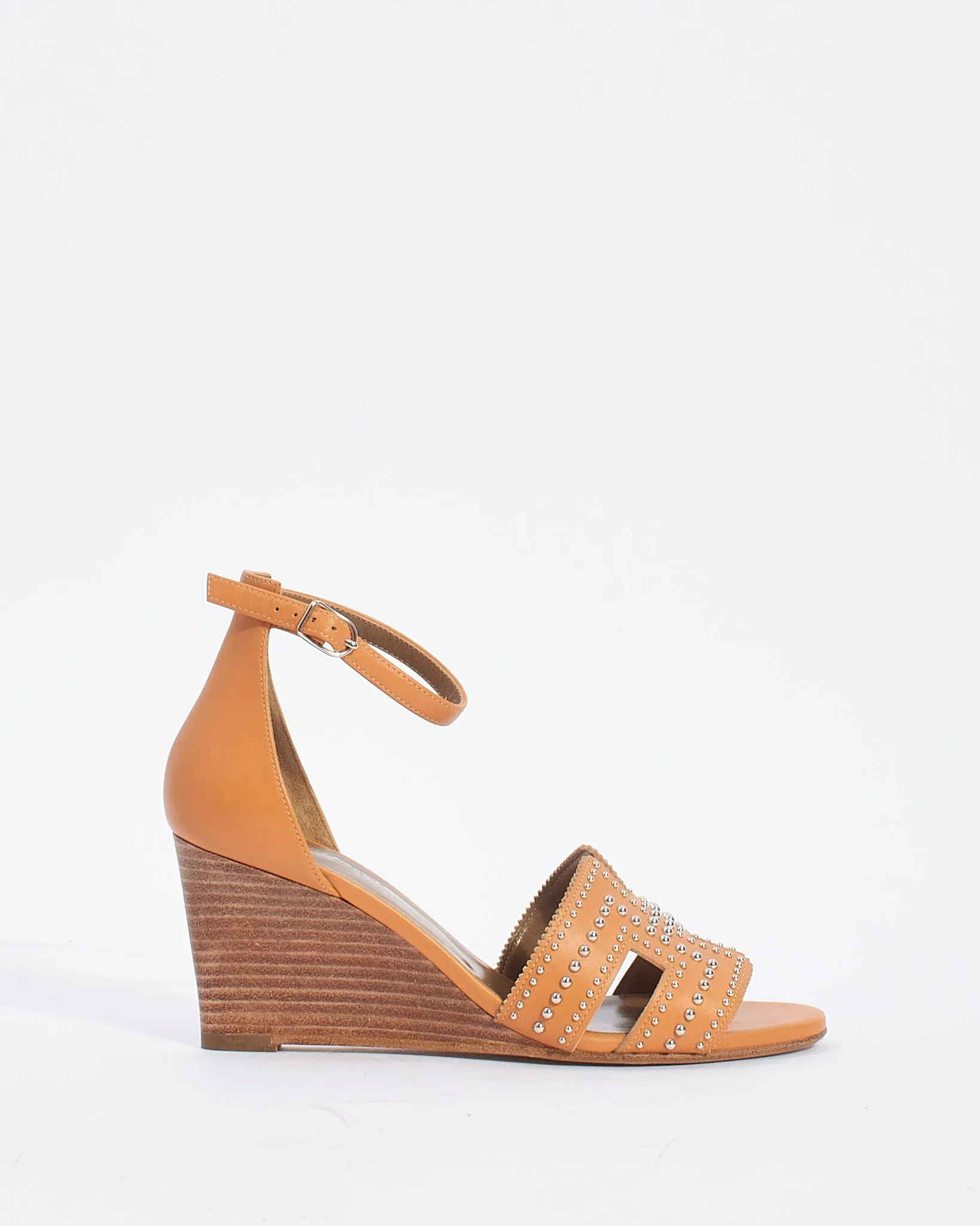 Hermès Natural Leather Studded H Legend Wedge Sandals - 36.5
