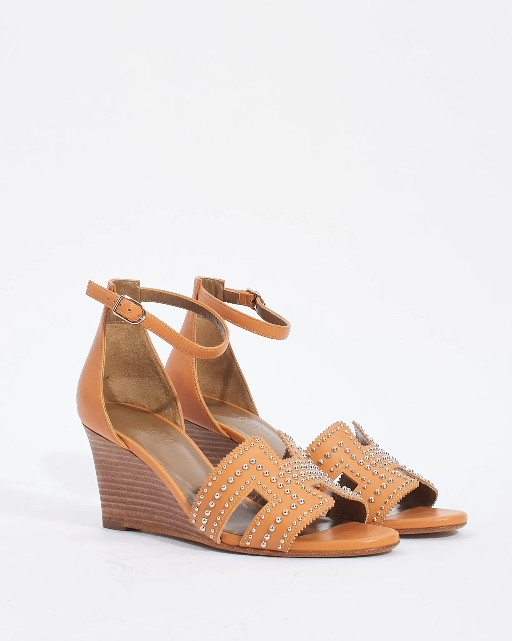 Hermès Natural Leather Studded H Legend Wedge Sandals - 36.5