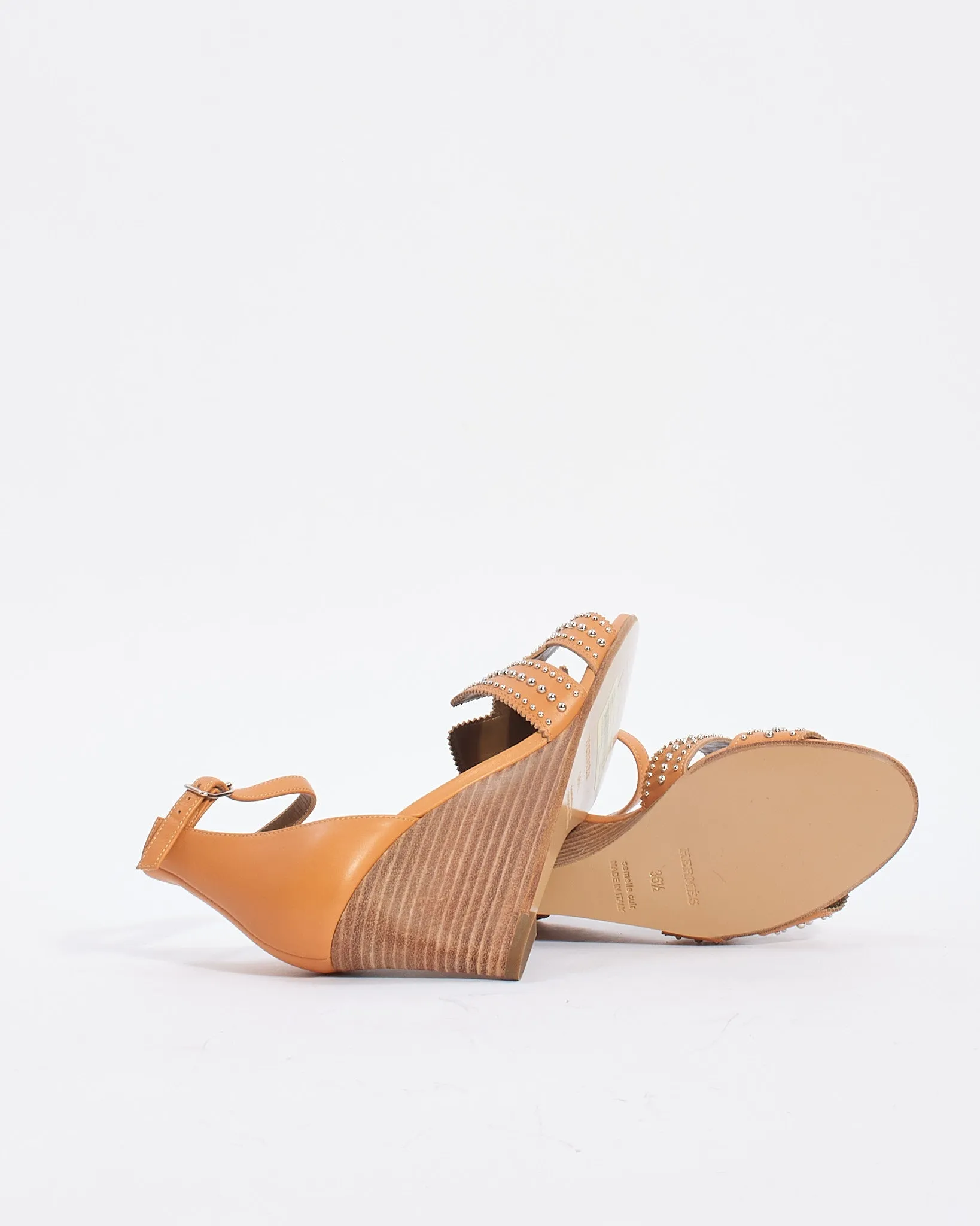 Hermès Natural Leather Studded H Legend Wedge Sandals - 36.5