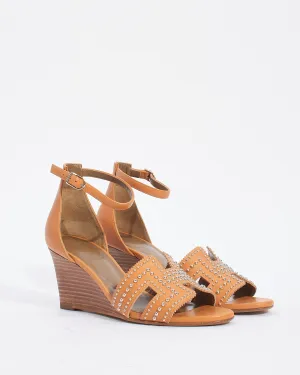 Hermès Natural Leather Studded H Legend Wedge Sandals - 36.5