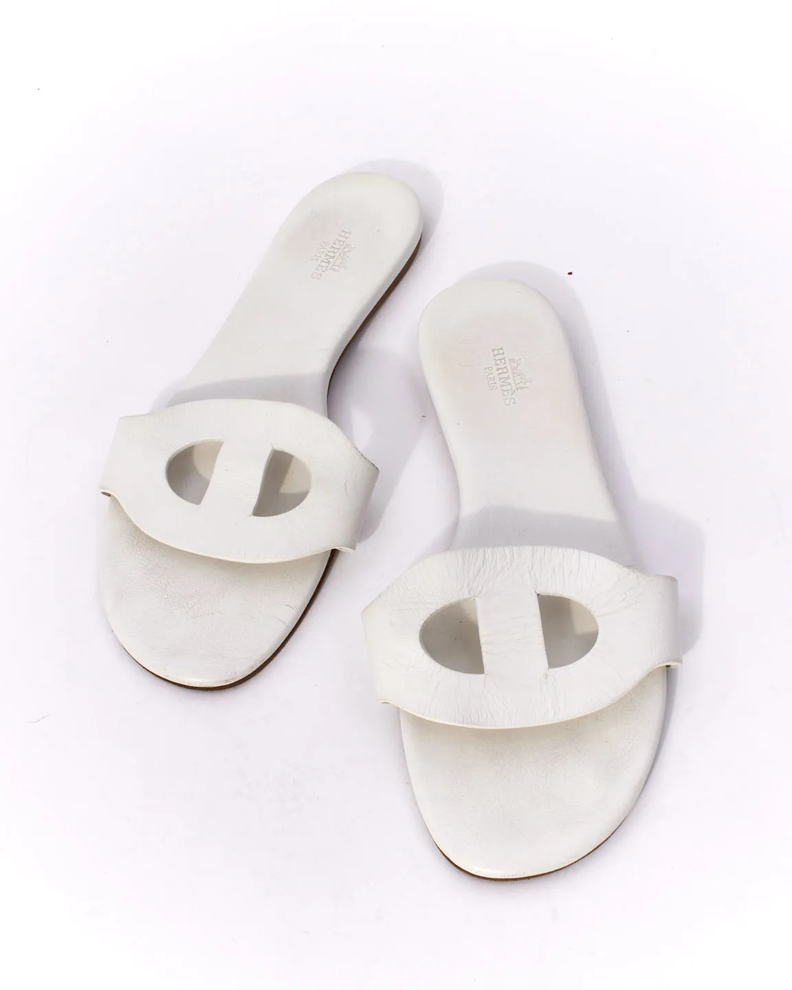 Hermès White Leather Lisboa Sandals -38