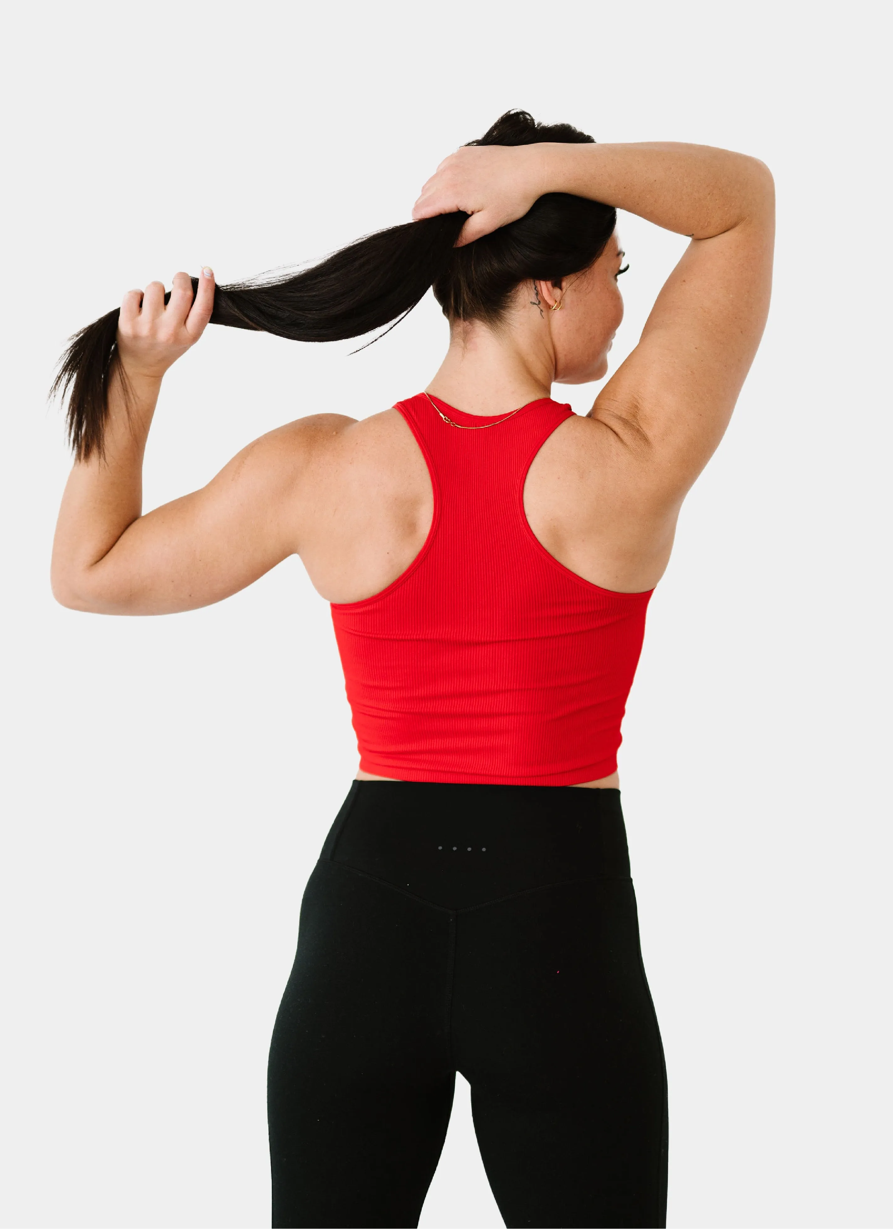 HIGH Logo Comfort Cove Cropped Ribbed Racerback | Red/Cream