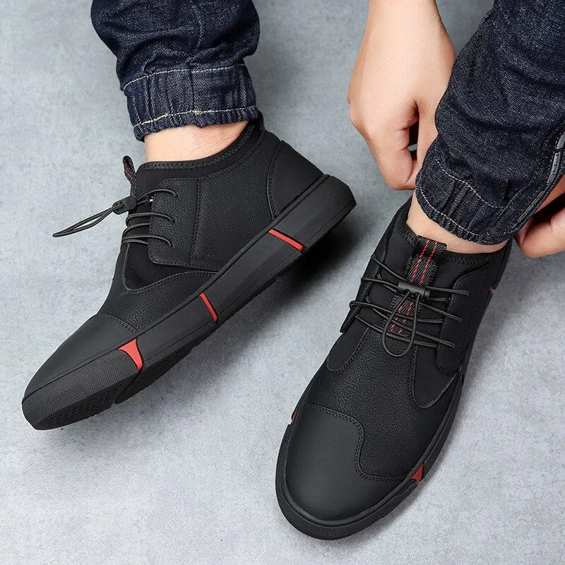 High quality all Black Men's leather casual shoes Fashion Breathable Sneakers fashion flats big plus size 44 YYJ153