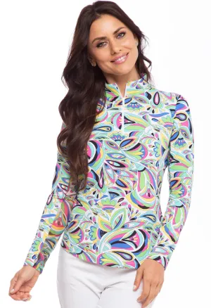 Ibkul Long Sleeve Zip Mock: Jackie White/Multi  | SPF 50