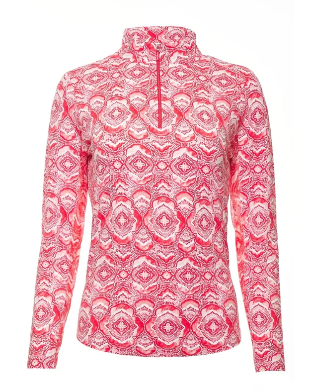 Ibkul Long Sleeve Zip Mock: Venetian Tiles Print Melon | SPF 50