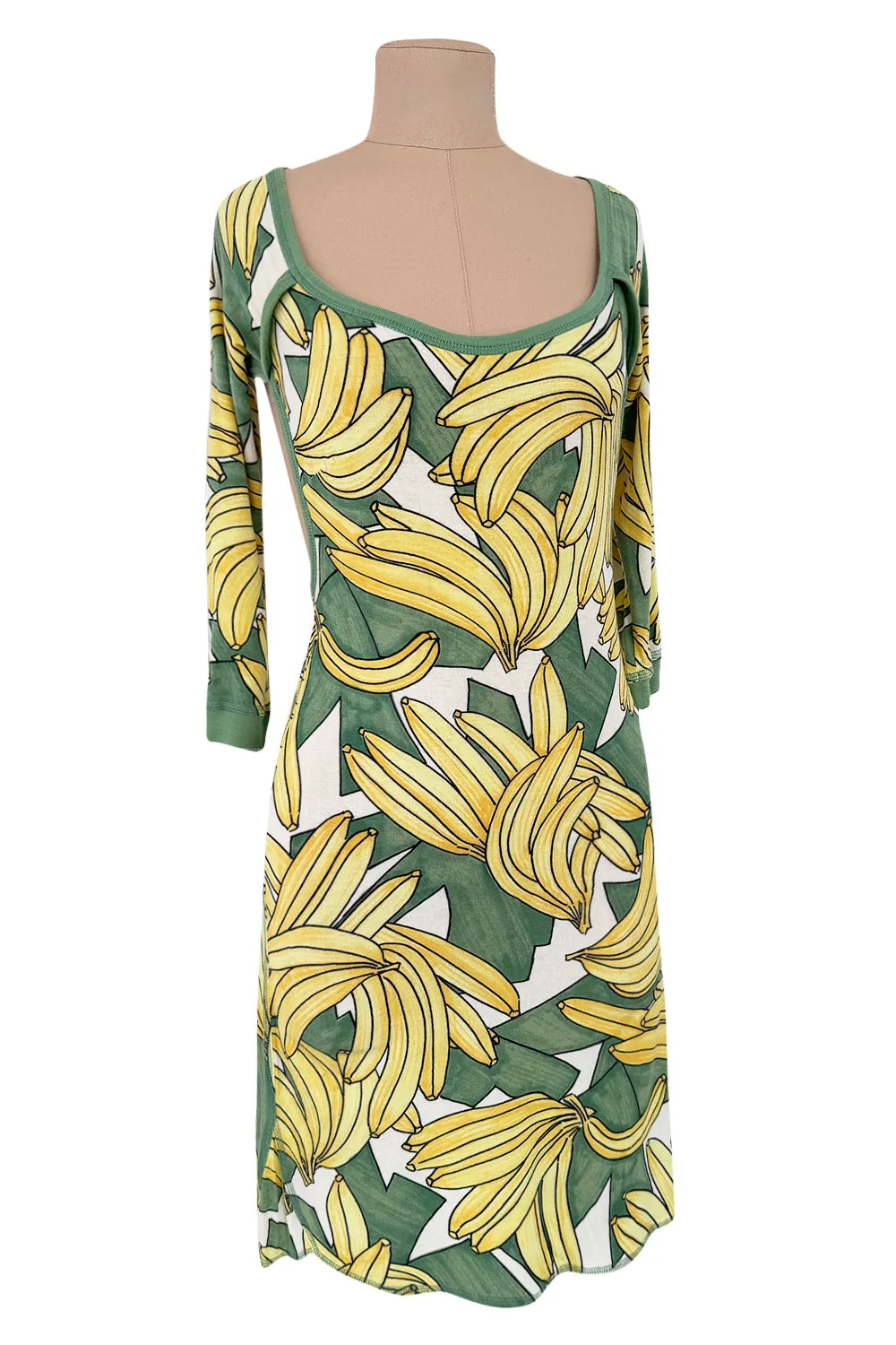 Iconic Spring 2004 Chloe by Phoebe Philo Runway Look 18 Banana Print Dress Side Cuts Outs