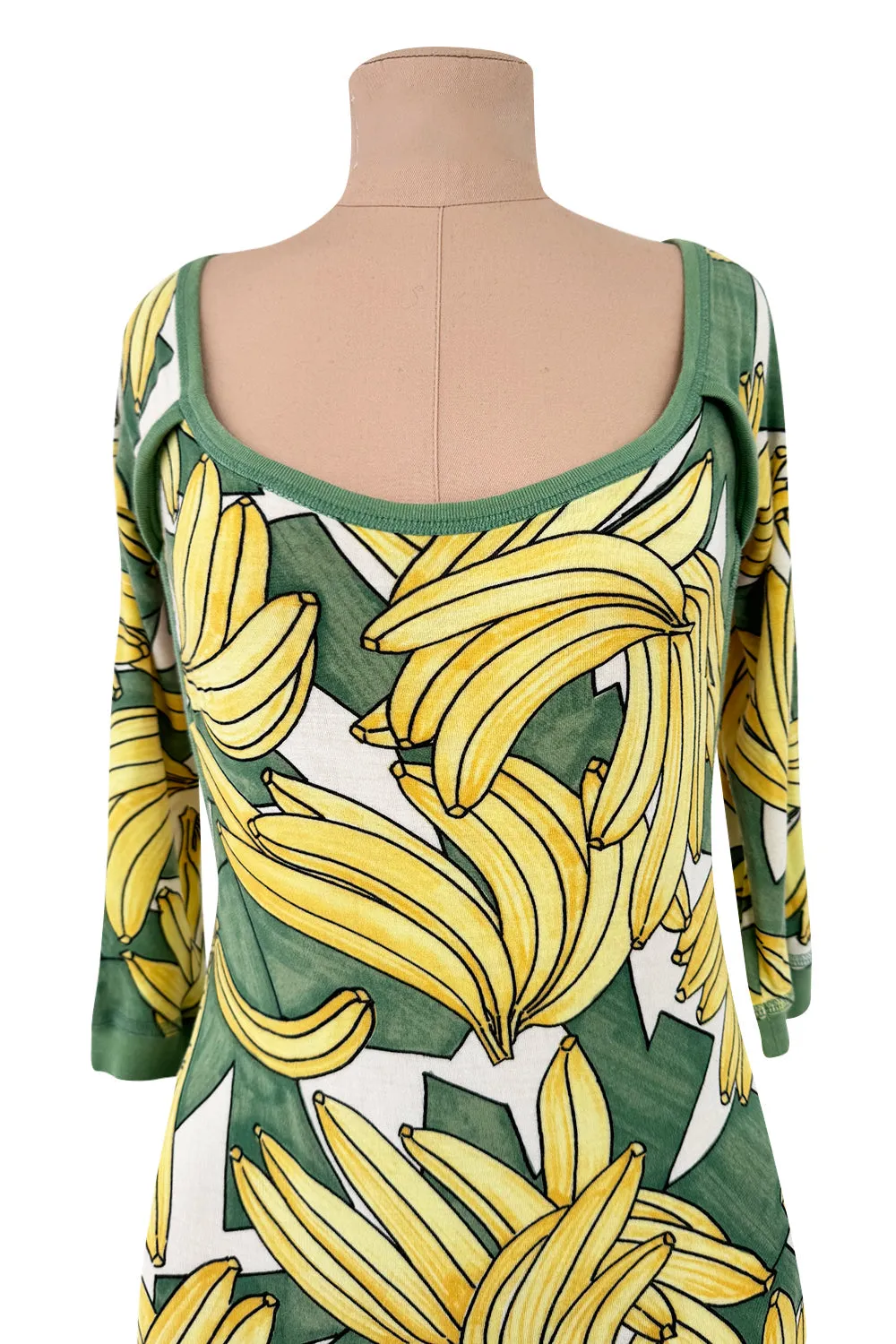 Iconic Spring 2004 Chloe by Phoebe Philo Runway Look 18 Banana Print Dress Side Cuts Outs