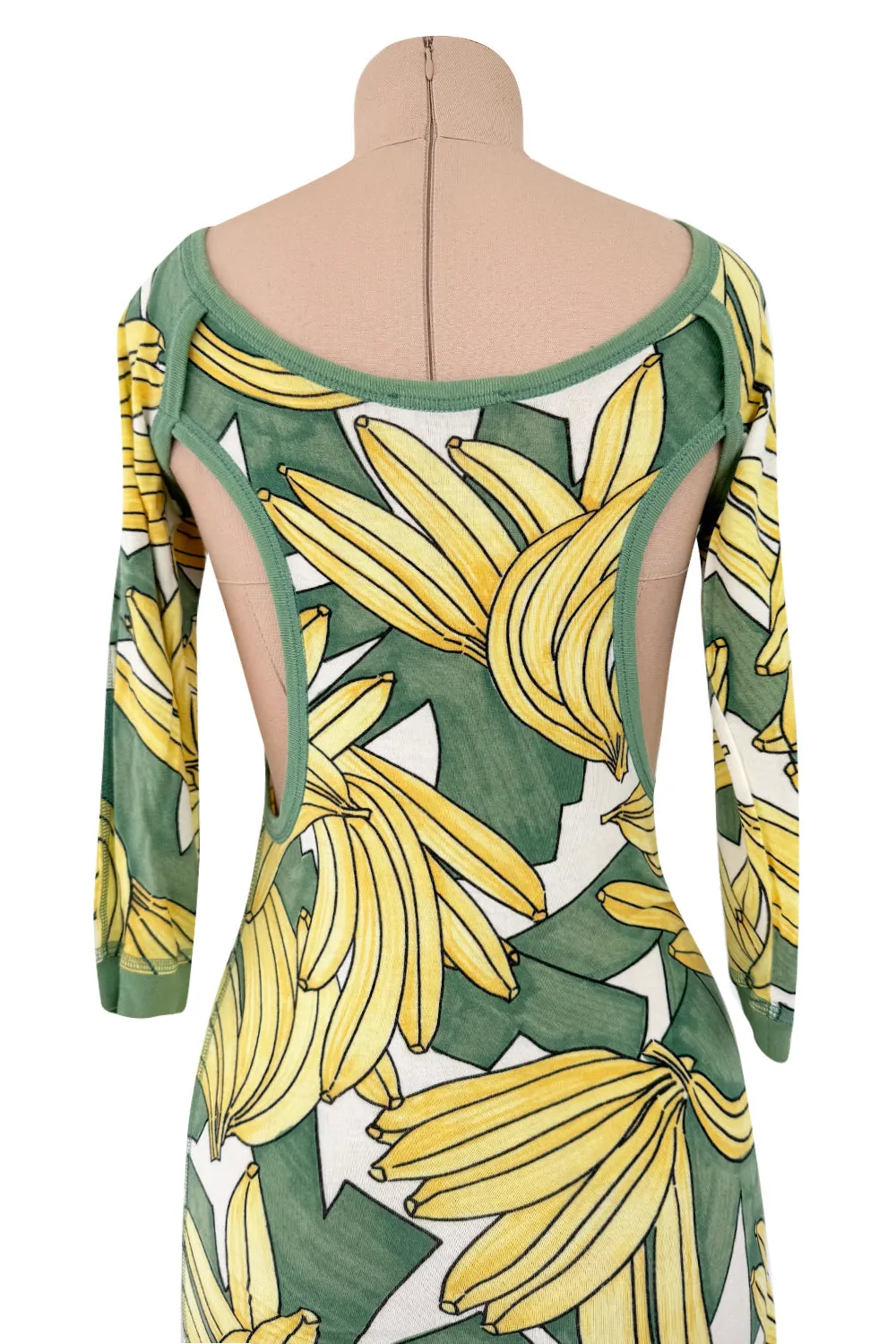 Iconic Spring 2004 Chloe by Phoebe Philo Runway Look 18 Banana Print Dress Side Cuts Outs