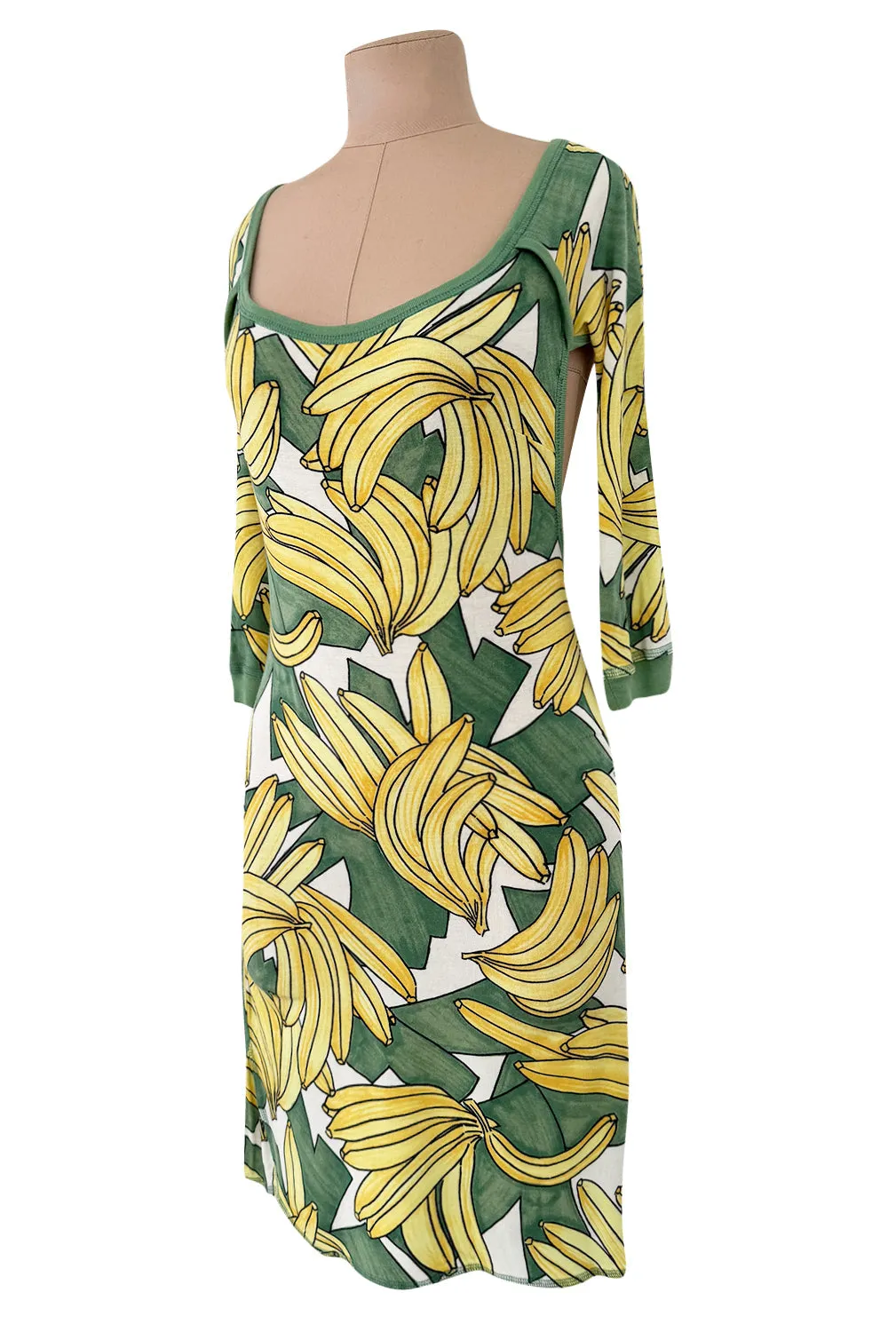 Iconic Spring 2004 Chloe by Phoebe Philo Runway Look 18 Banana Print Dress Side Cuts Outs
