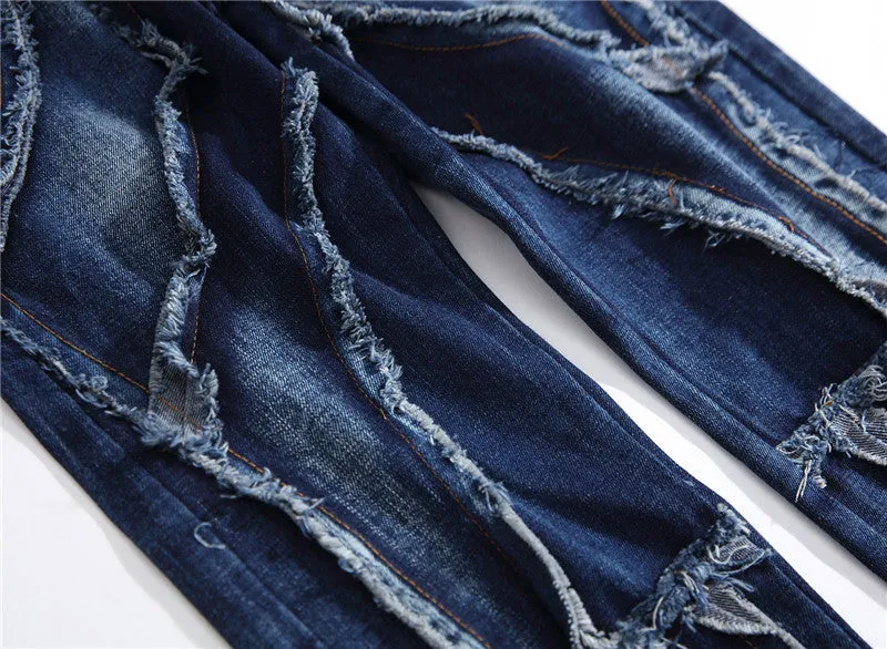 Individuality Patch Splice Men's Jeans Mid Waisted Straight Pants
