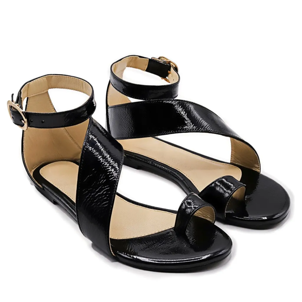 JAMs Strip - Black - Patent Ankle Strap Sandals