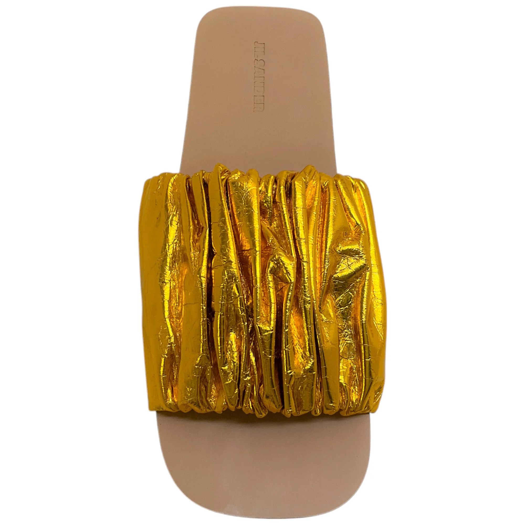 Jil Sander Ruched Gold Lame Slide Sandals